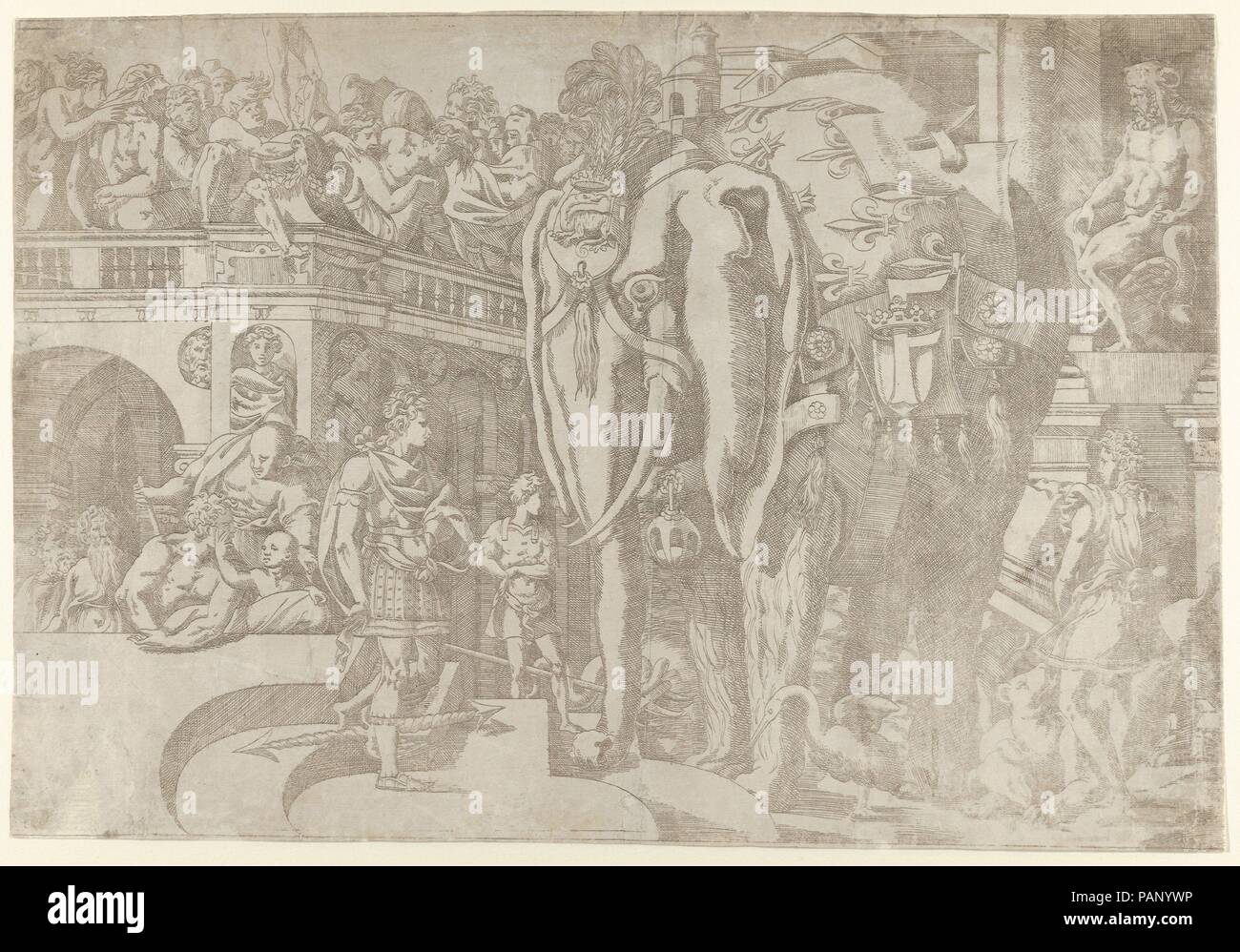 The Elephant with the Fleur de Lys. Artist: Antonio Fantuzzi (Italian, active France, 1537-45); After Rosso Fiorentino (Italian, Florence 1494-1540 Fontainebleau). Dimensions: Sheet (trimmed): 11 7/16 in. × 17 in. (29.1 × 43.2 cm). Date: 1542-45. Museum: Metropolitan Museum of Art, New York, USA. Stock Photo