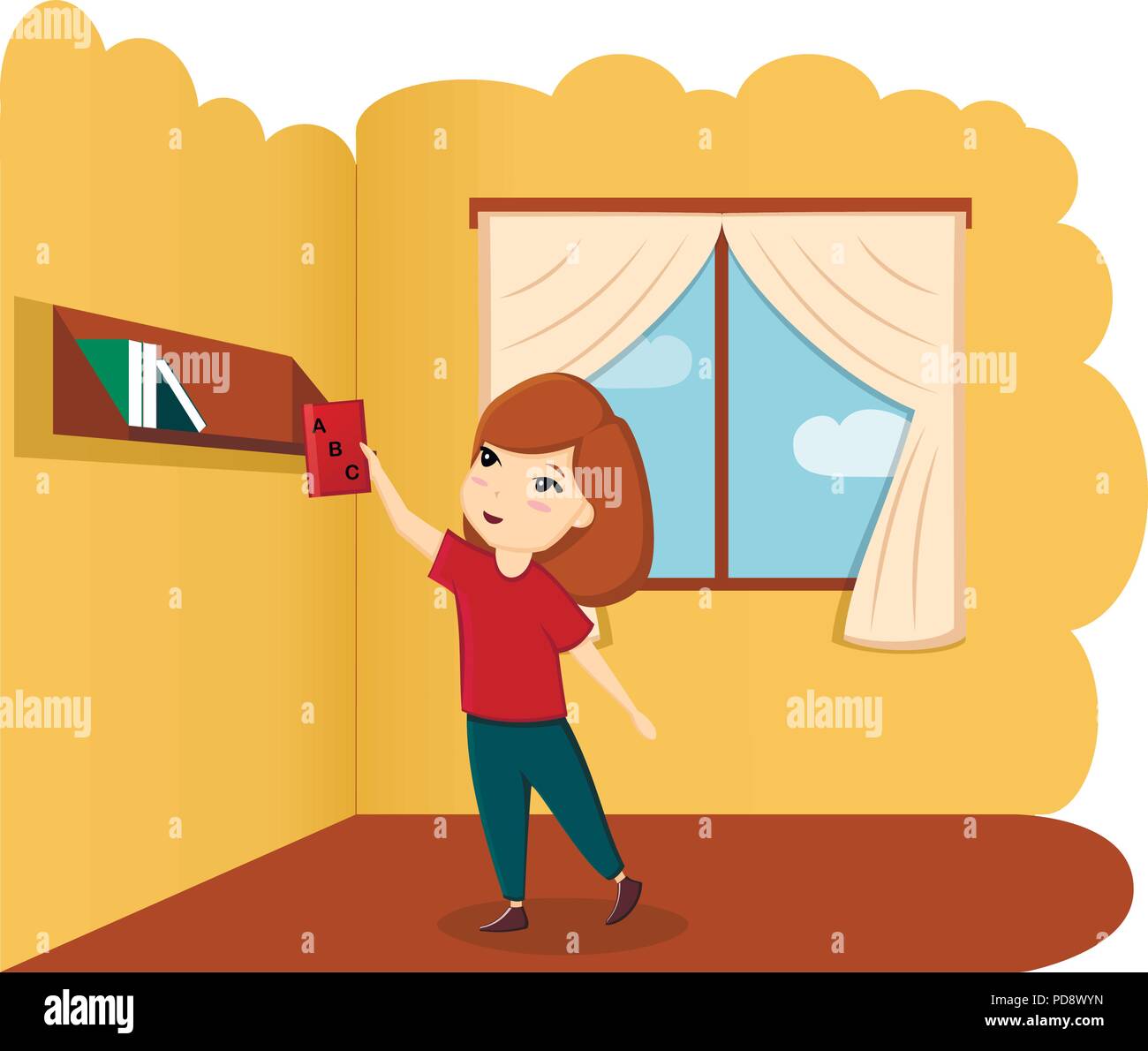 Girl with book in room, illustration, vector. A child with a book. First day of school, back to school Stock Vector