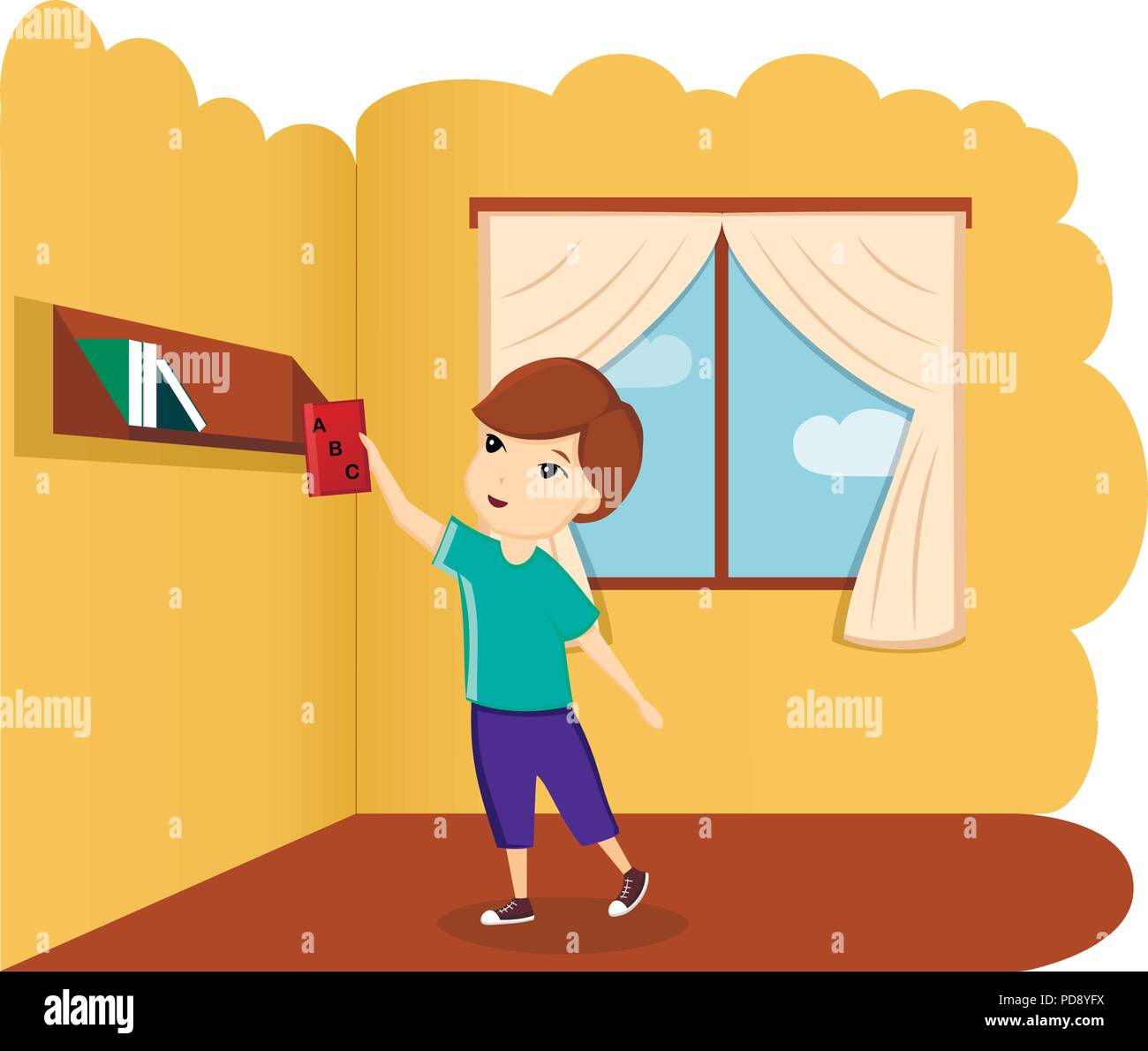 Boy with book in room, illustration, vector. A child with a book. First day of school, back to school Stock Vector