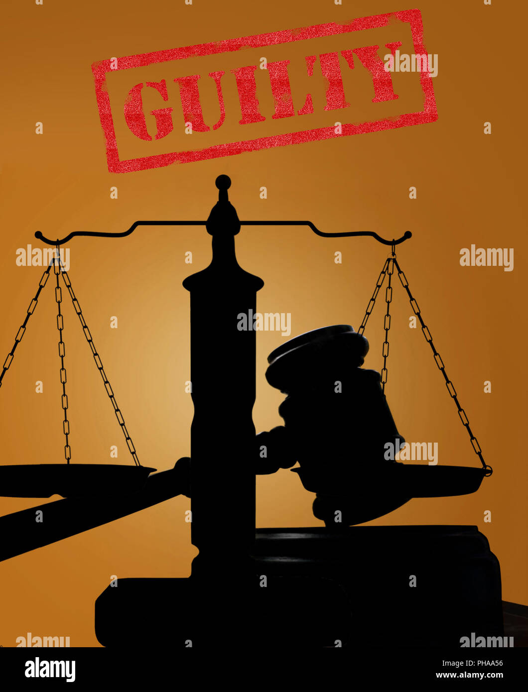 Guilty stamp and gavel with scales Stock Photo