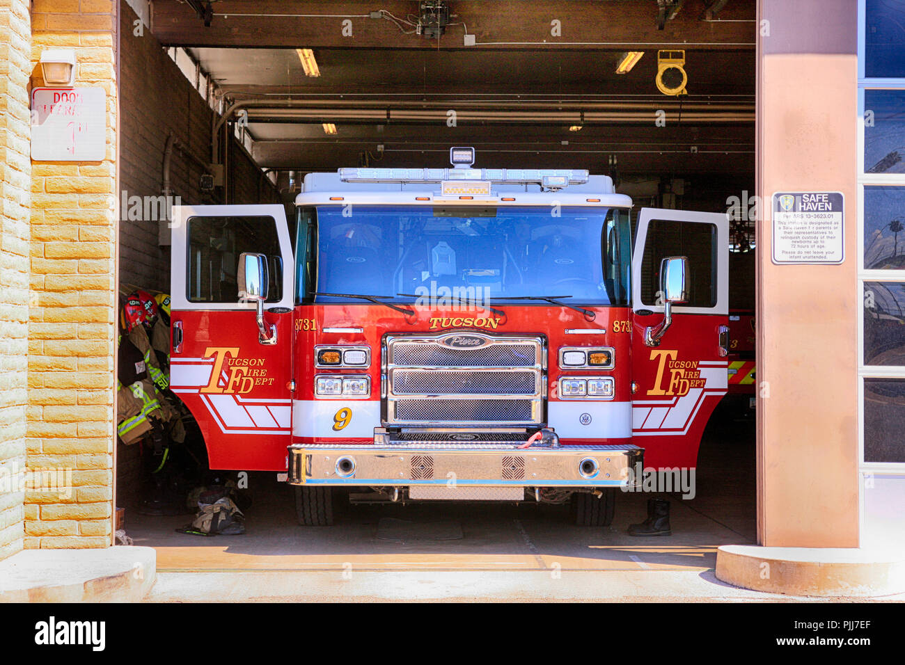 Fire truck of the Tucson Fire Dept inside the garage of Fire Station 9 Stock Photo