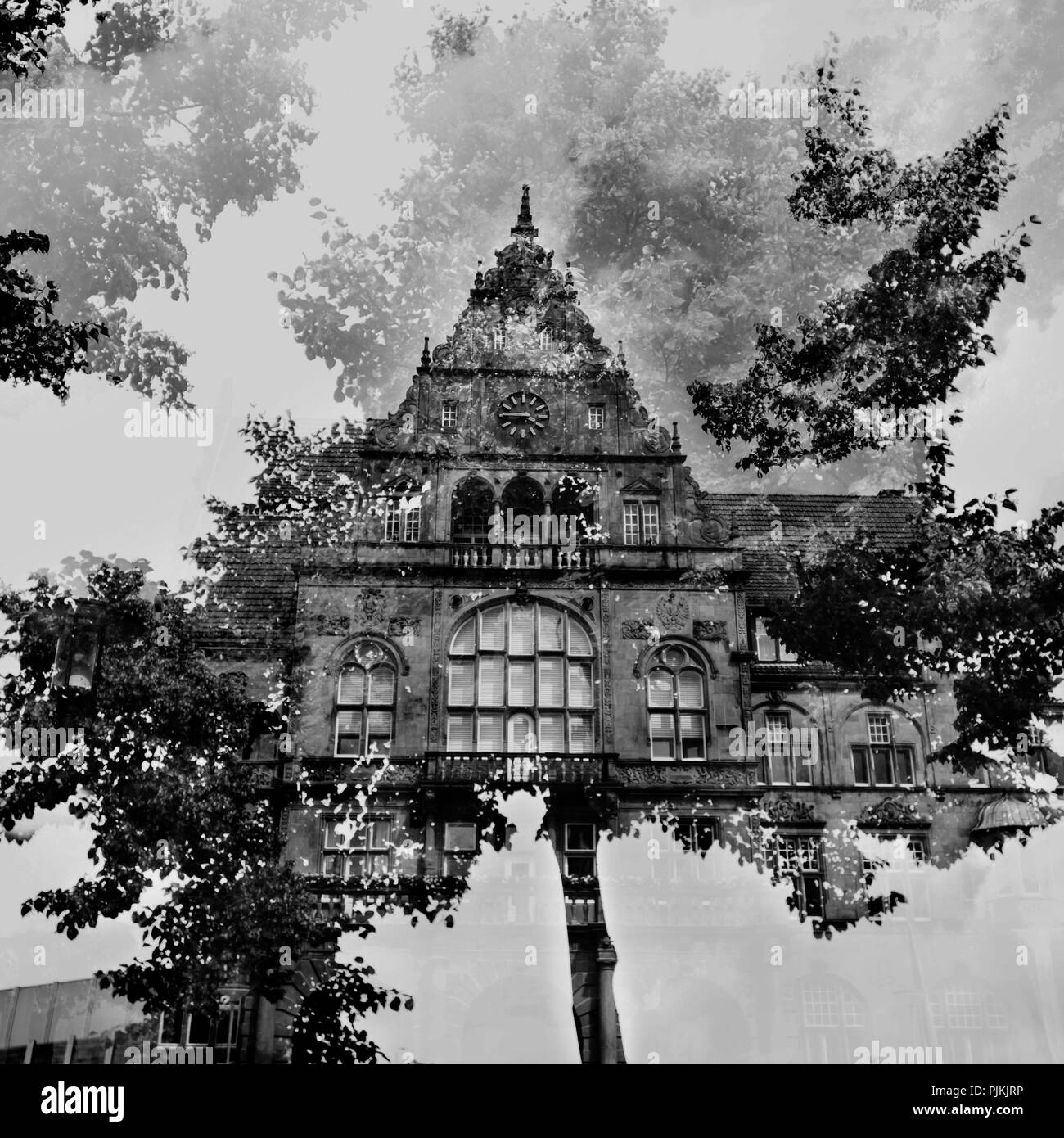 The Old Town Hall in Bielefeld, artistical photographed with the help of double exposure, Stock Photo