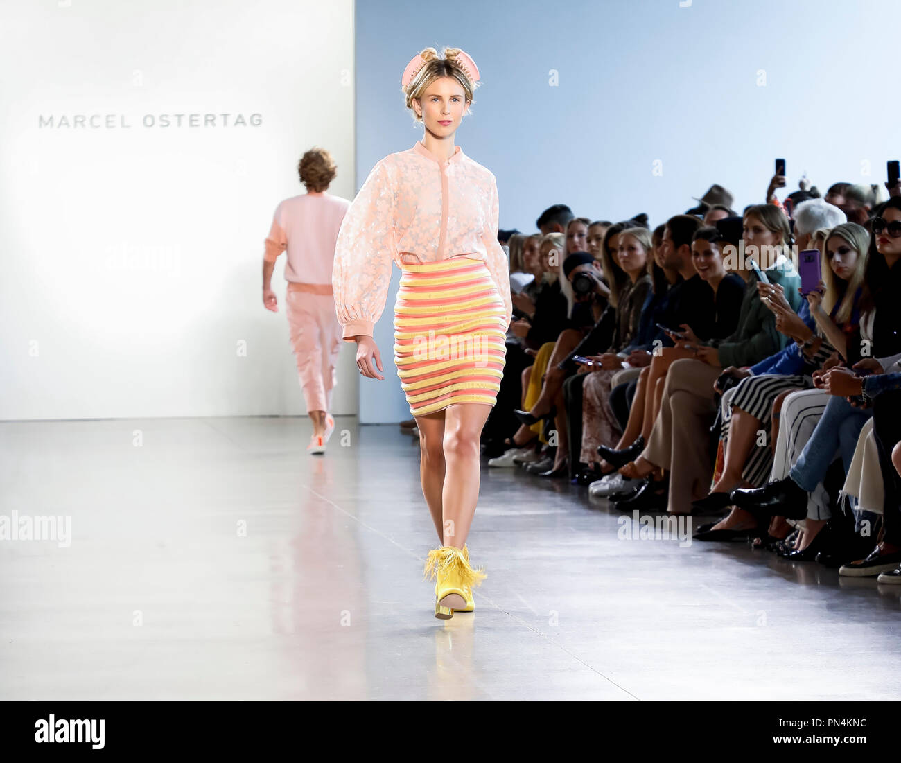 New York, NY, USA - September 12, 2018: Tessa Hilton walks runway to present Marcel Ostertag  Spring/Summer 2019 collection during New York Fashion We Stock Photo