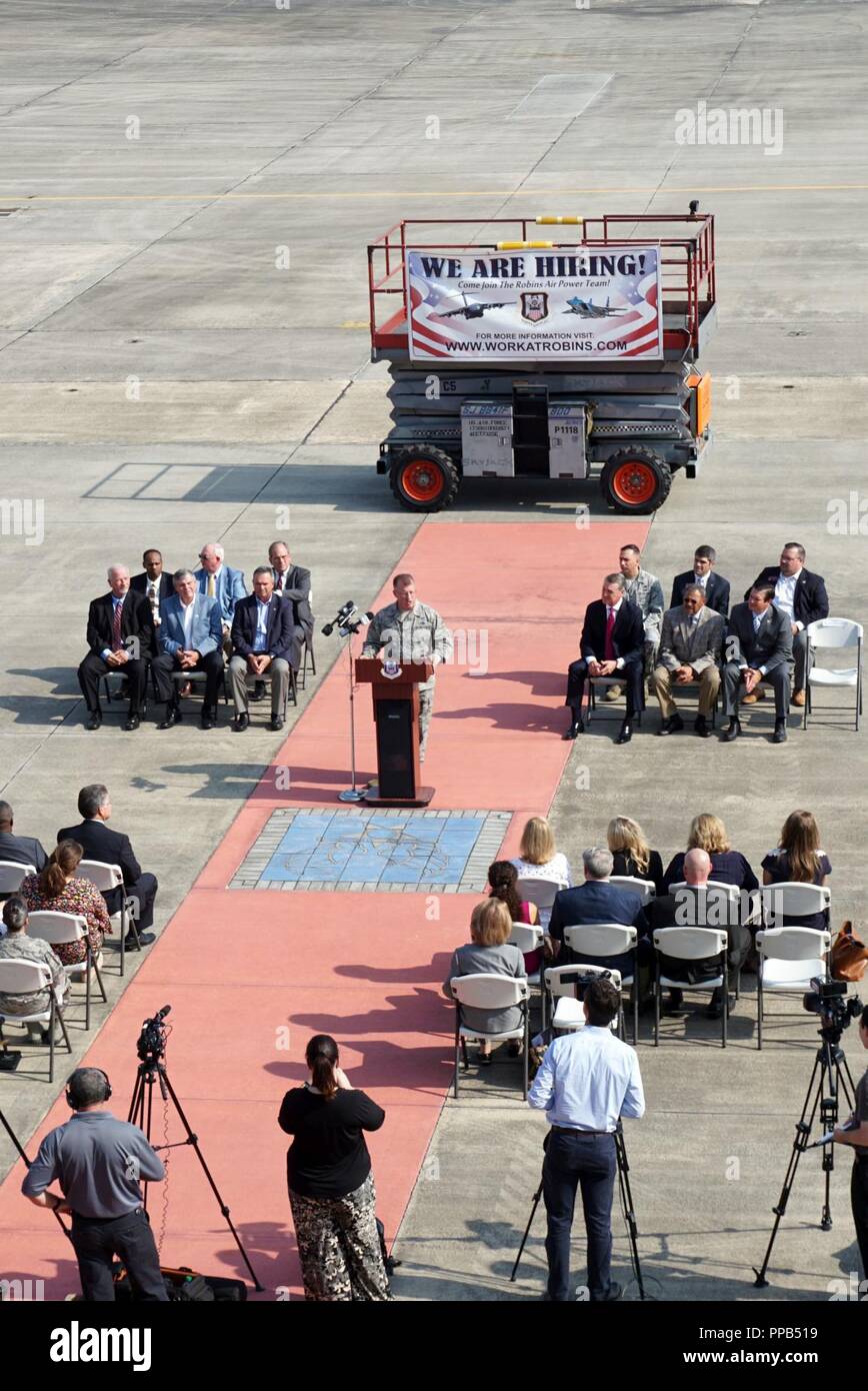 Brig. Gen. John Kubinec, Warner Robins Air Logistics Complex commander, announces a campaign to hire 1200 new employees at the air logistics complex in the next 12 months. The '1200 in 12 months' campaign aims to hire 1200 new workers for the Warner Robins Air Logistics Complex at Robins Air Force Base, Ga.,  by the end of fiscal 2019. That equates to an annual economic impact of $69M and over $345M over the next five years. Stock Photo