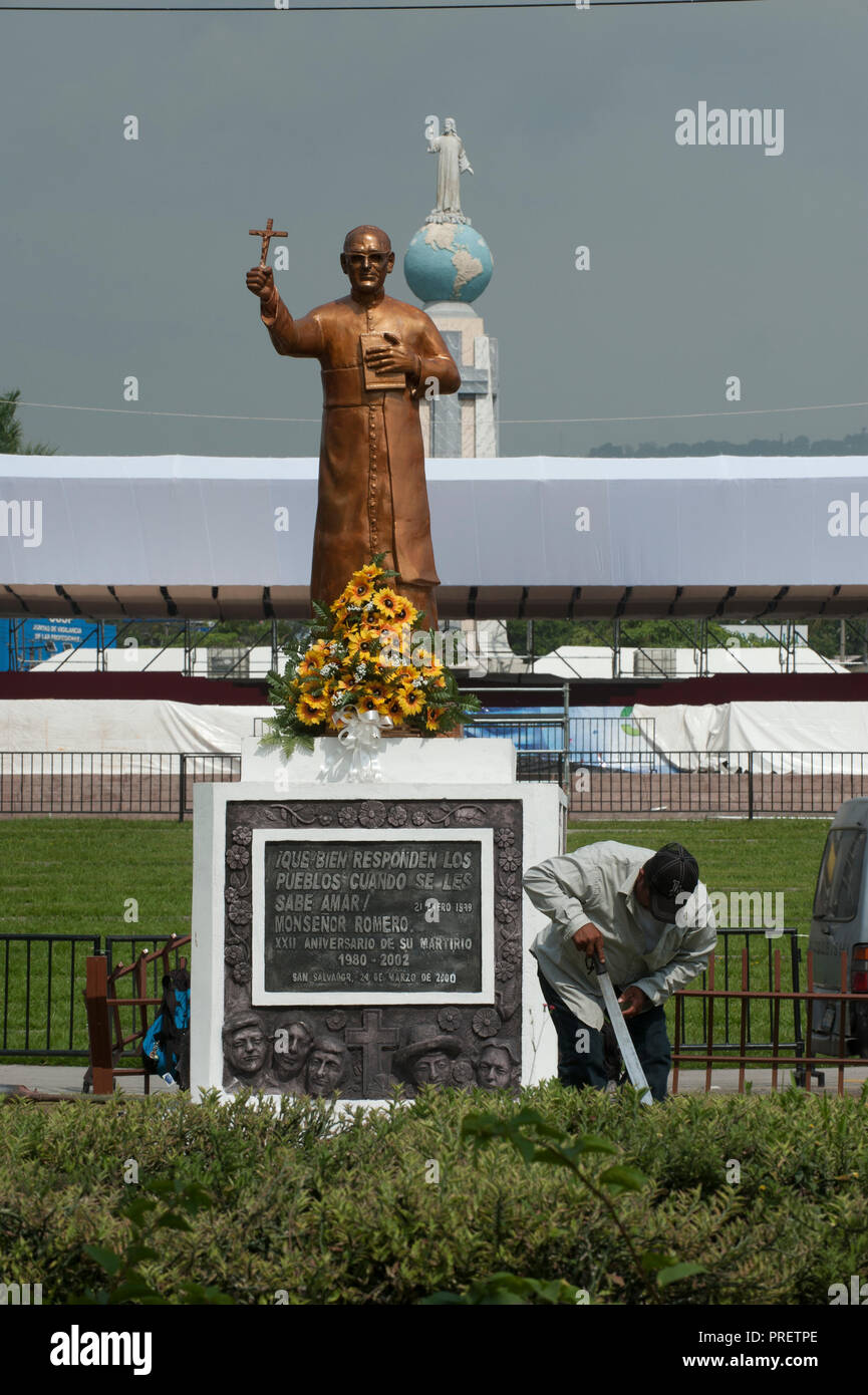 El Salvador prepares for the beatification ceremony and mass announcing the beatification of Archbishop Oscar Romero. The Archbishop was slain at the alter of his Church of the Divine Providence by a right wing gunman in 1980. Oscar Arnulfo Romero y Galdamez became the fourth Archbishop of San Salvador, succeeding Luis Chavez, and spoke out against poverty, social injustice, assassinations and torture. Romero was assassinated while offering Mass on March 24, 1980. Stock Photo