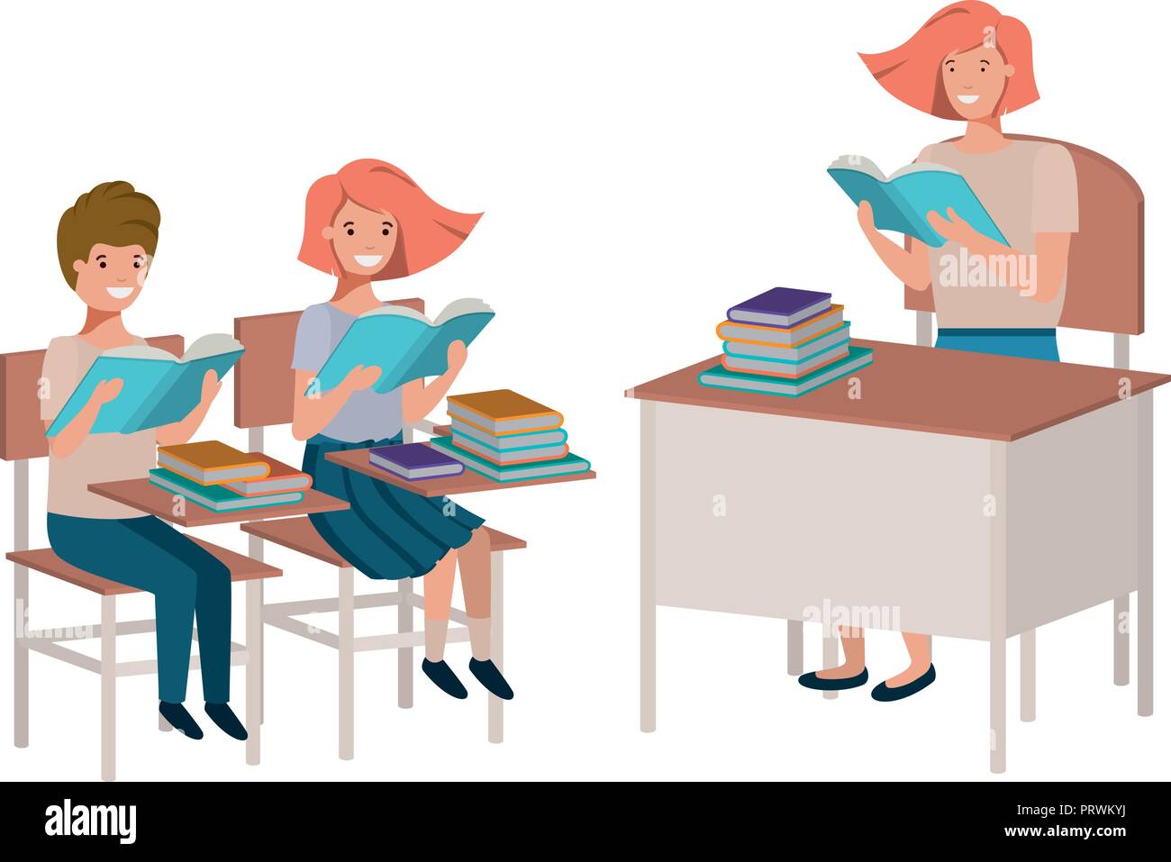 female teacher reading in the classroom with students Stock Vector