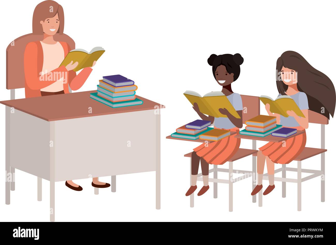 female teacher reading in the classroom with students Stock Vector