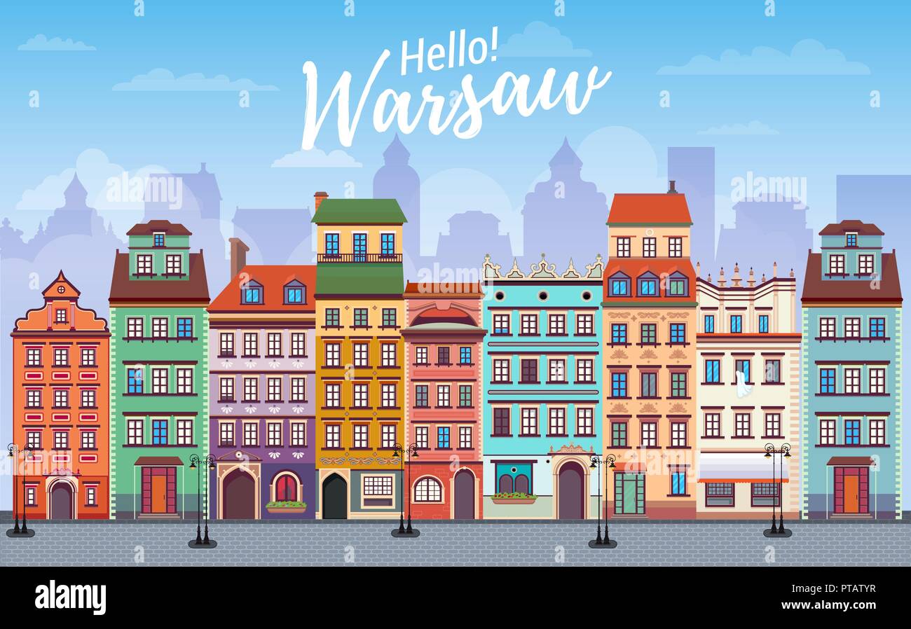 Warsaw cityscape banner in flat style. Europe panoramic city Stock Vector