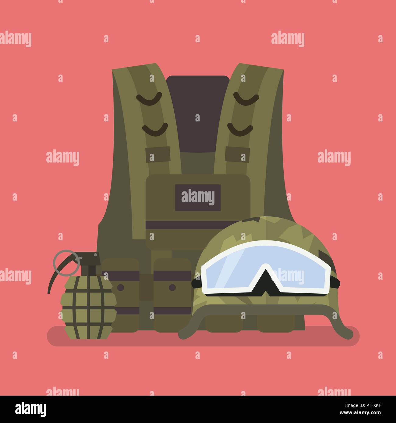 Military helmet vest and hand grenade. Vector illustration Stock Vector