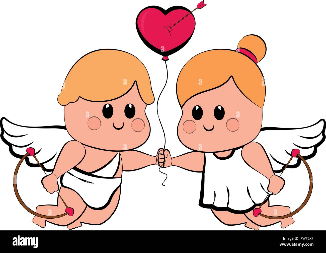 Cupid couple with a heart shape balloon Stock Vector