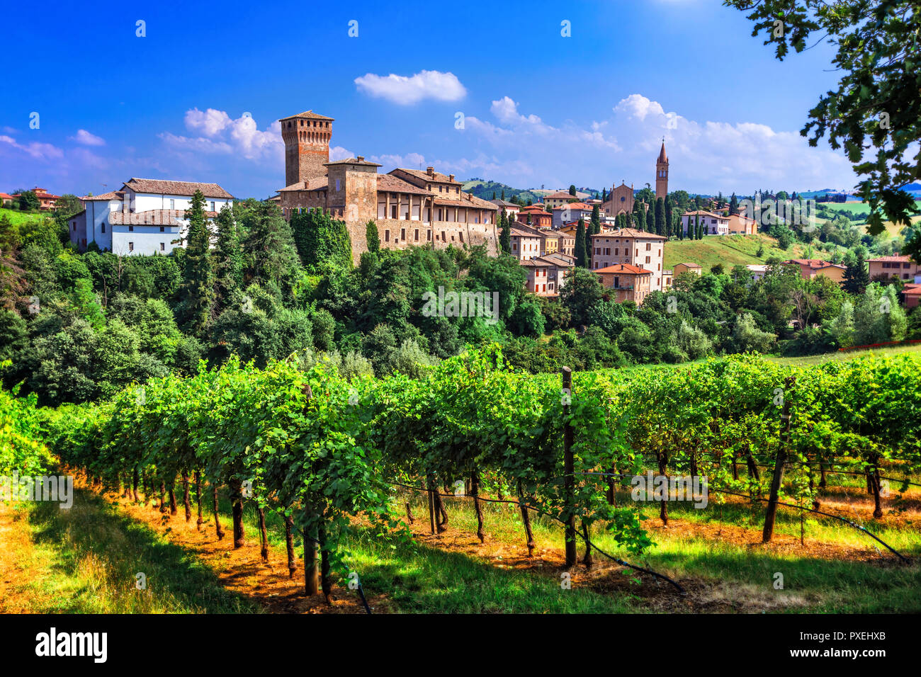 Beautiful Levizzano village,view with vineyards and old castle,Emilia Romagna,Italy. Stock Photo