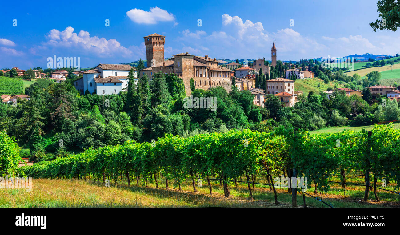 Beautiful Levizzano village,view with vineyards and old castle,Emilia Romagna,Italy. Stock Photo