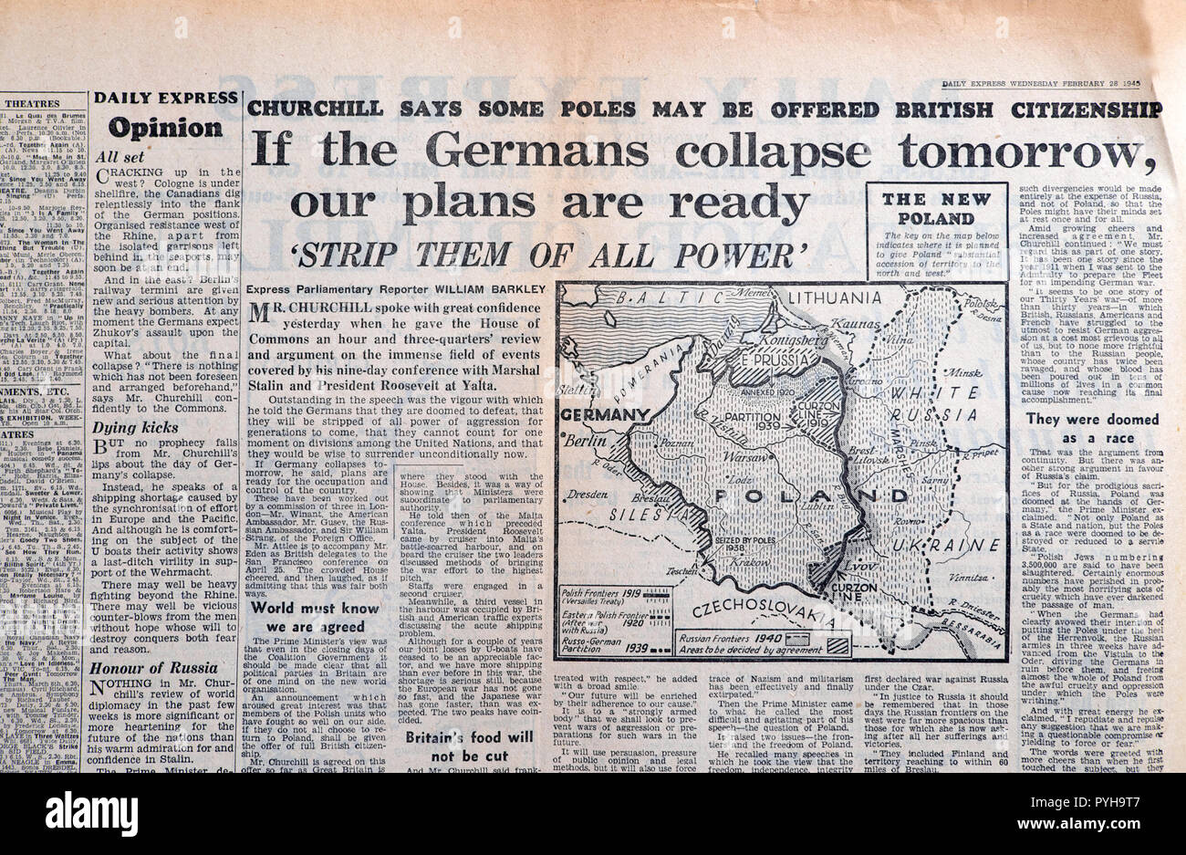 Daily Express map of Poland newspaper Second World War WWII  'If the Germans collapse tomorrow our plans are ready' 28 February 1945 London England UK Stock Photo