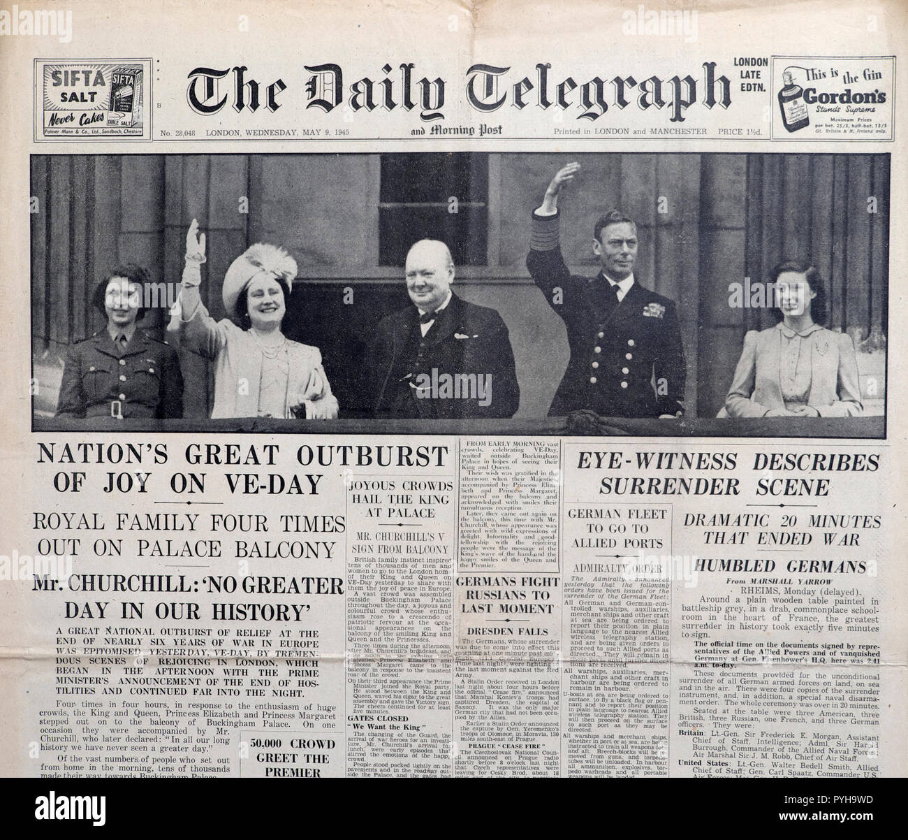 Daily Telegraph newspaper headline King George VI, Queen & daughters Elizabeth, Margaret & Winston Churchill the day after VE Day 9 May 1945 London UK Stock Photo