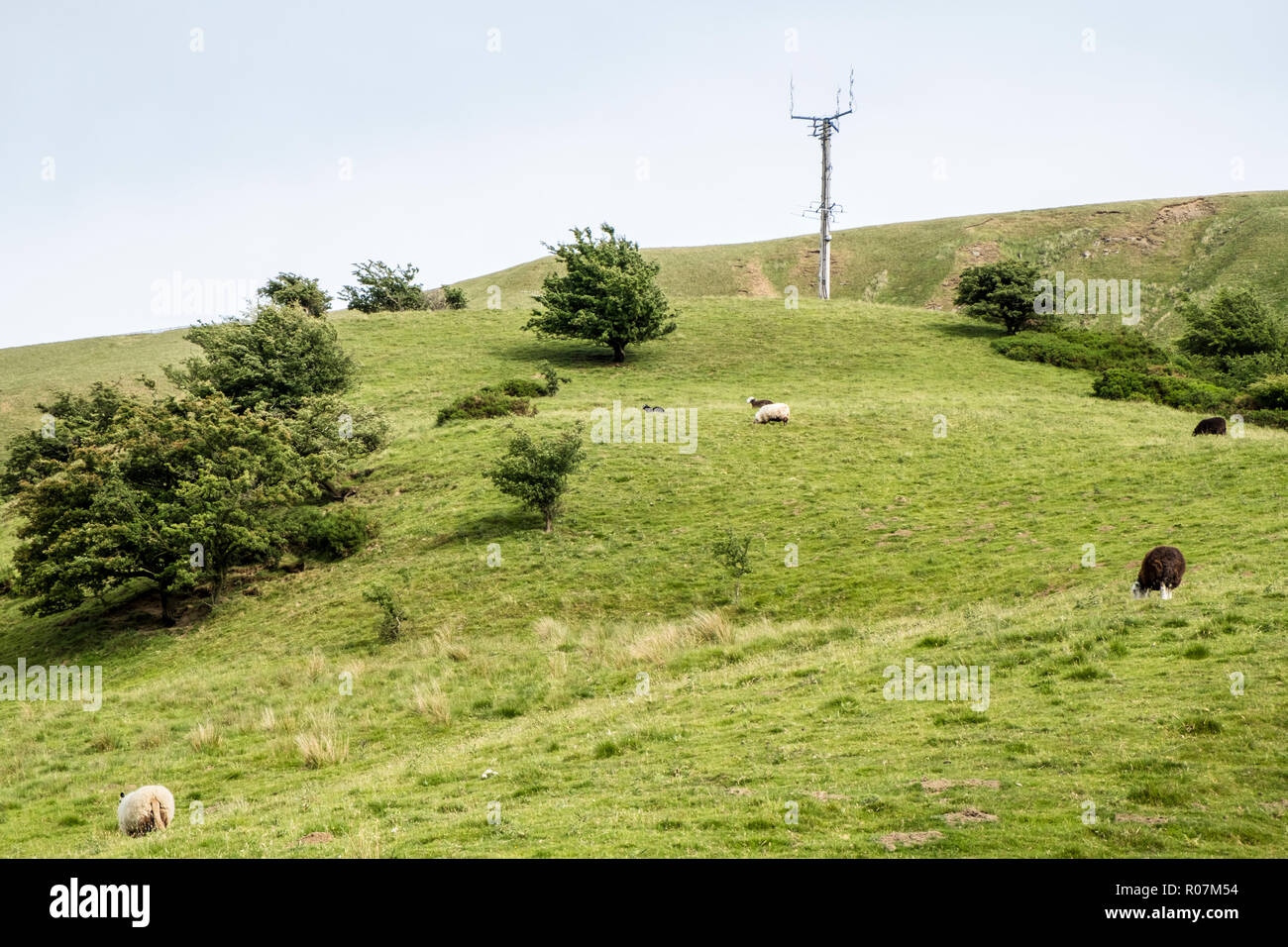 Self supporting telecommunications mast in the countryside, Vale of Edale, Derbyshire, England, UK Stock Photo