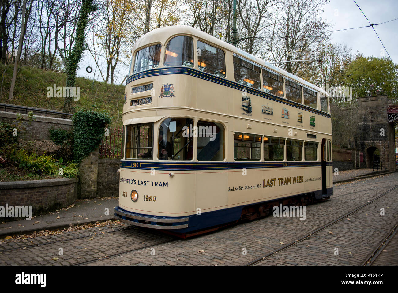 Sheffields Last Tram proudly on route at Crich Tramway Village, Derbyshire, UK Stock Photo