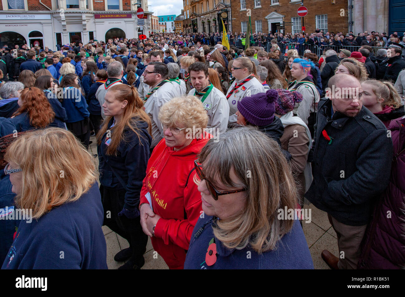 Northampton, UK. 11th November 2018. Northampton honours members of the armed forces who have lost their lives in the line of duty with a Remembrance Day parade. This is a particularly special year, as 2018 marks 100 years since the end of the First World War. The Northampton Pipe Band and the Air Training corps Band lead the parade. Credit: Keith J Smith./Alamy Live News Stock Photo