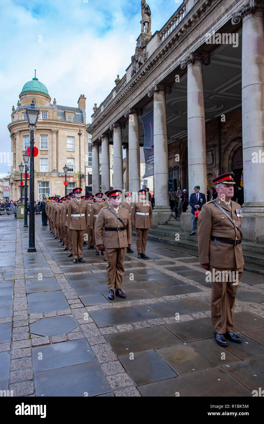 Northampton, UK. 11th November 2018. Northampton honours members of the armed forces who have lost their lives in the line of duty with a Remembrance Day parade. This is a particularly special year, as 2018 marks 100 years since the end of the First World War. The Northampton Pipe Band and the Air Training corps Band lead the parade. Credit: Keith J Smith./Alamy Live News Stock Photo