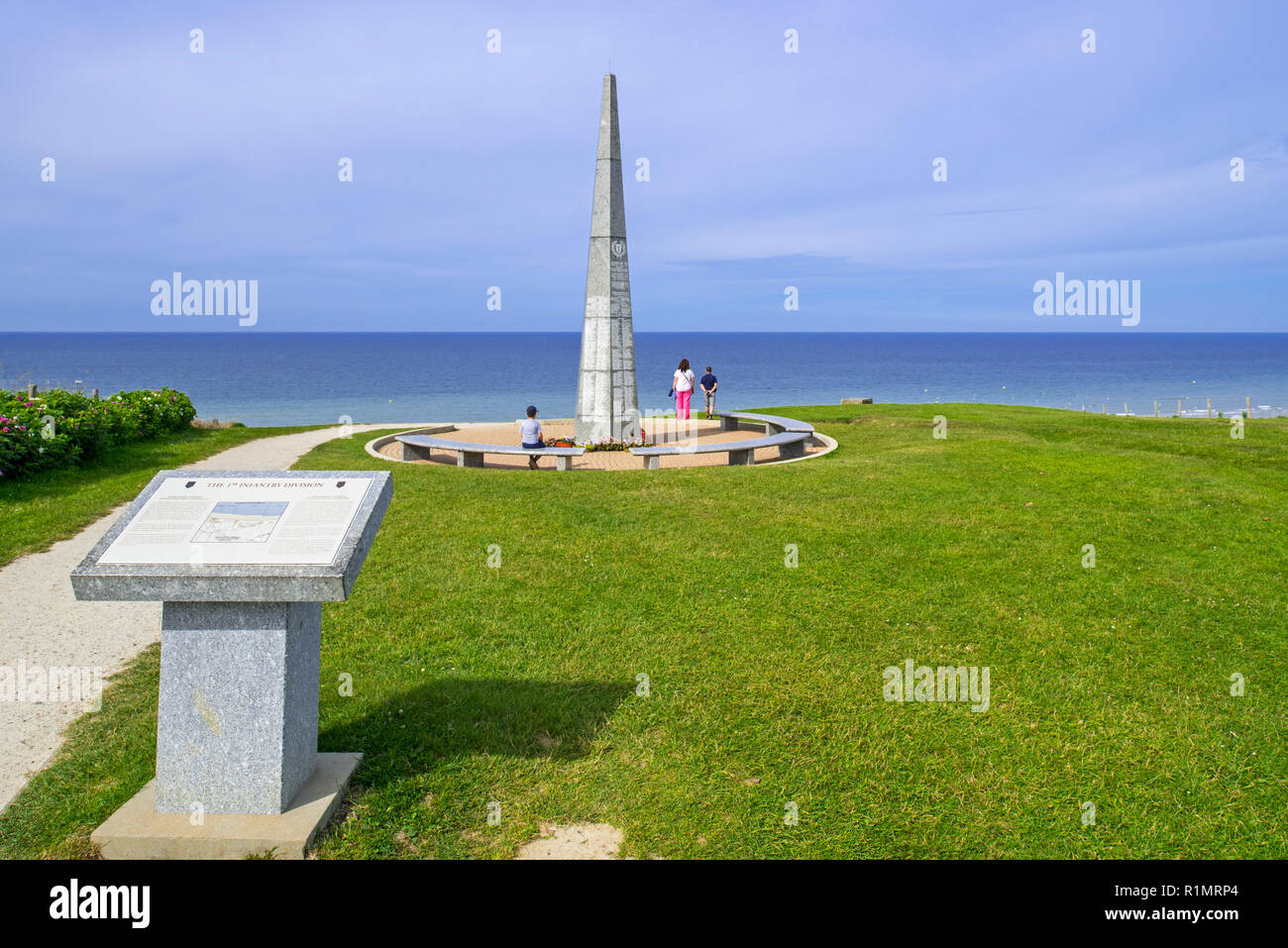 Monument 1st US Infantry Division Memorial at Omaha Beach, Colleville-sur-Mer, Calvados, Normandy, France Stock Photo