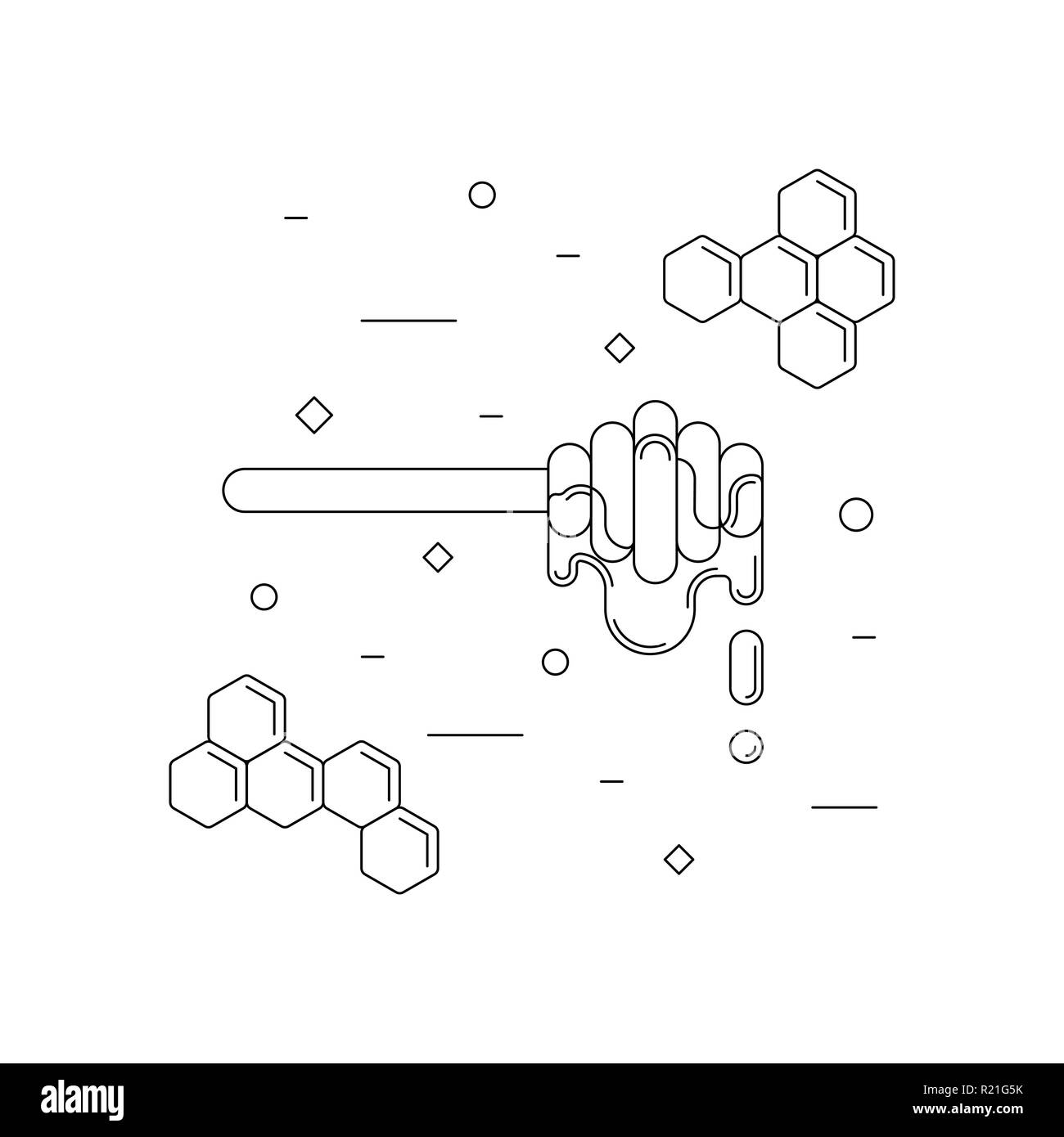 Honey dipper, honeycomb. Vector linear icon Stock Vector