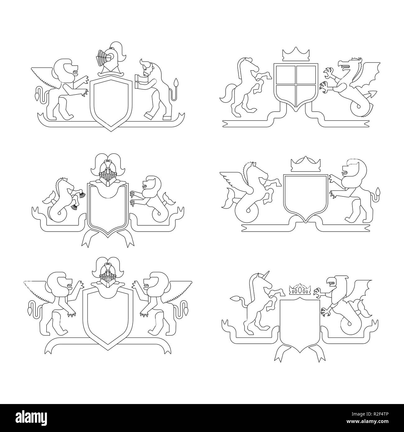 Heraldic Shield and Knight Helmet set linear style. Fantastic Beasts. Template heraldry design element. Coat of arms of royal family. Hippocampus  and Stock Vector