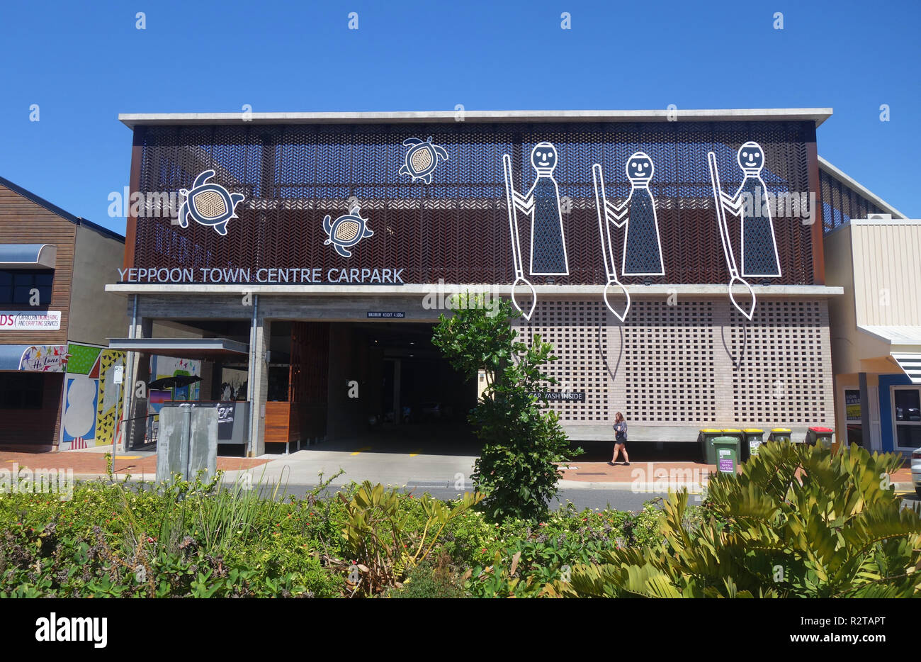 Town carpark featuring local aboriginal motifs, Yeppoon, Queensland, Australia. No PR or MR Stock Photo