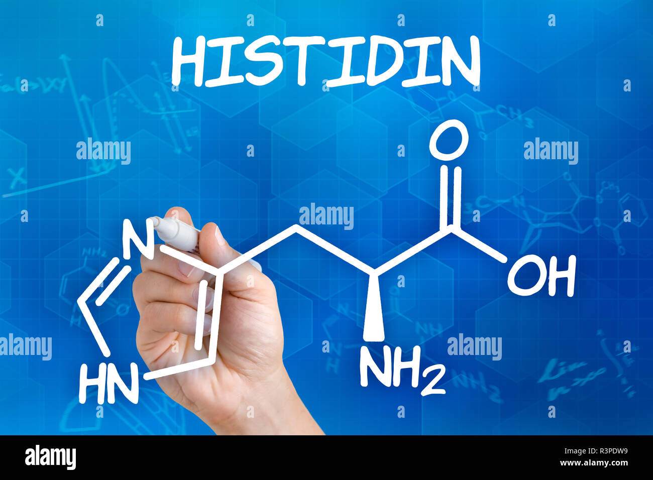 hand with pen draws chemical structural formula of histidine Stock Photo