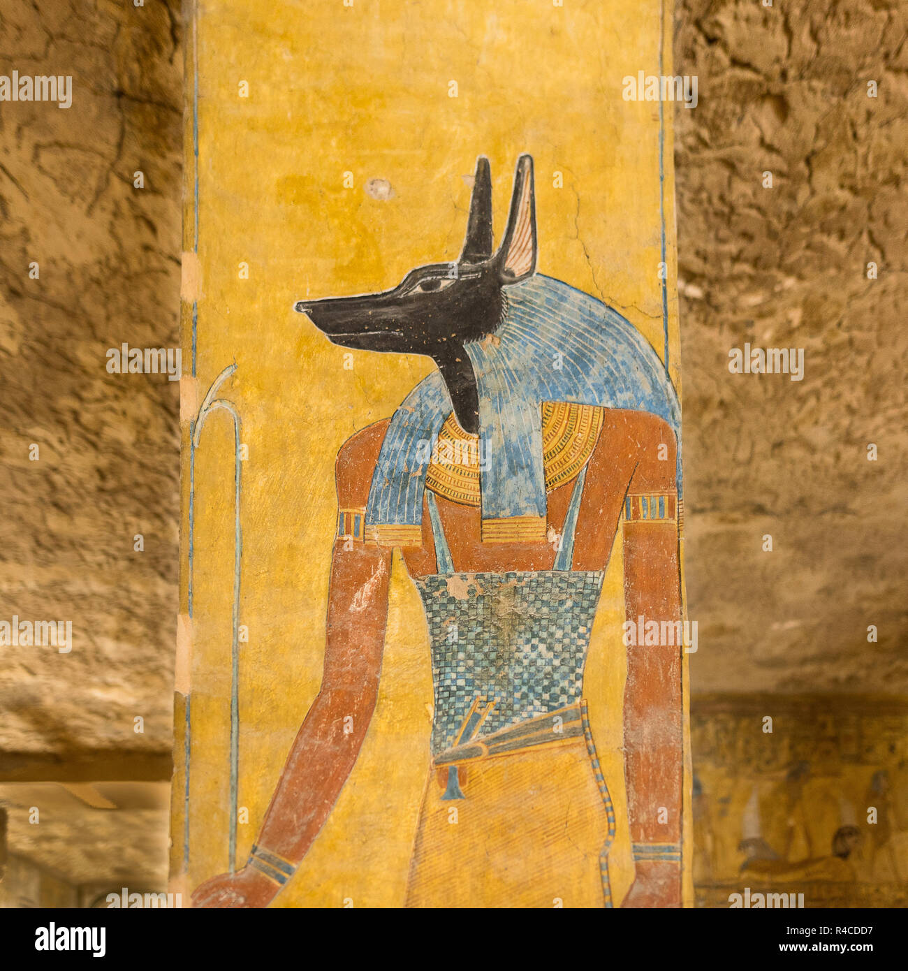 The egyptian god Anubis was a protector of graves and an embalmer. KV 14 tomb of Tausert and Setnakht, Egypt, October 21, 2018 Stock Photo