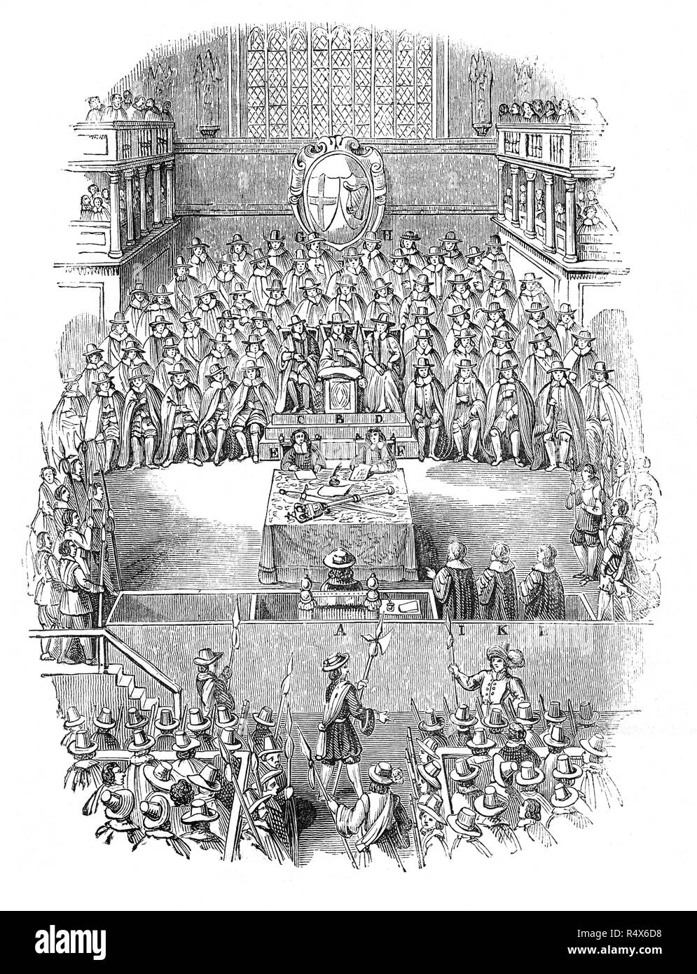 The High Court of Justice  in Westminster Hall,was the court established by the Rump Parliament to try King Charles I of England. This was an ad hoc tribunal created specifically for the purpose of trying the king, began on 20 January 1649.  Charles refused to enter a plea, claiming that no court had jurisdiction over a monarch.believing that his own authority to rule had been due to the divine right of kings given to him by God. The court proceeded as if the king had pleaded guilty and he was declared guilty at a public session on Saturday 27 January 1649 and sentenced to death. Stock Photo