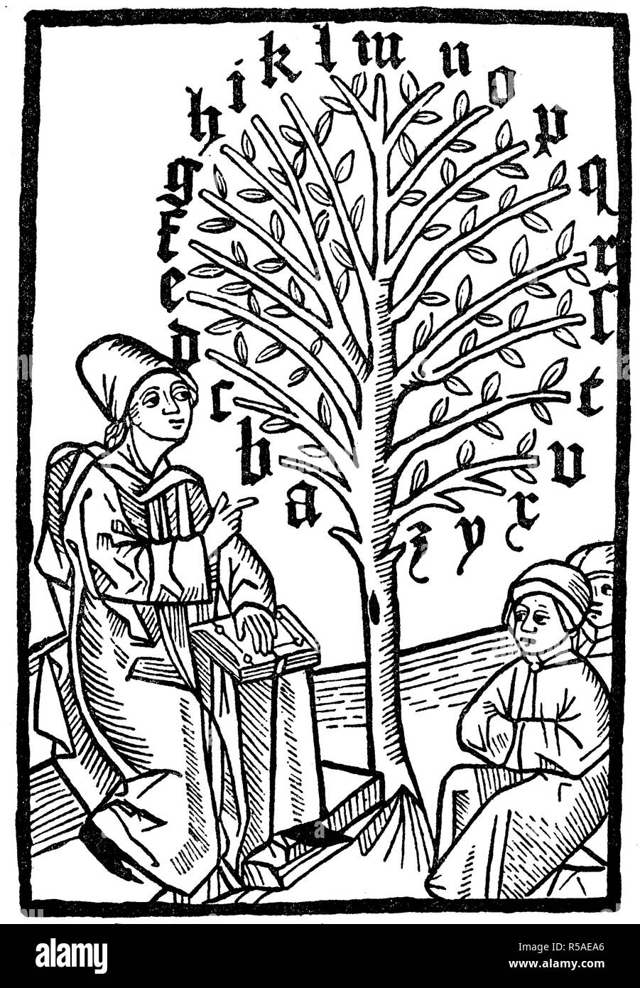 A teacher teaches students the ABC, woodcut from Geiler von Keisersberg, ein heylsame lere und predig, 1490, Germany Stock Photo