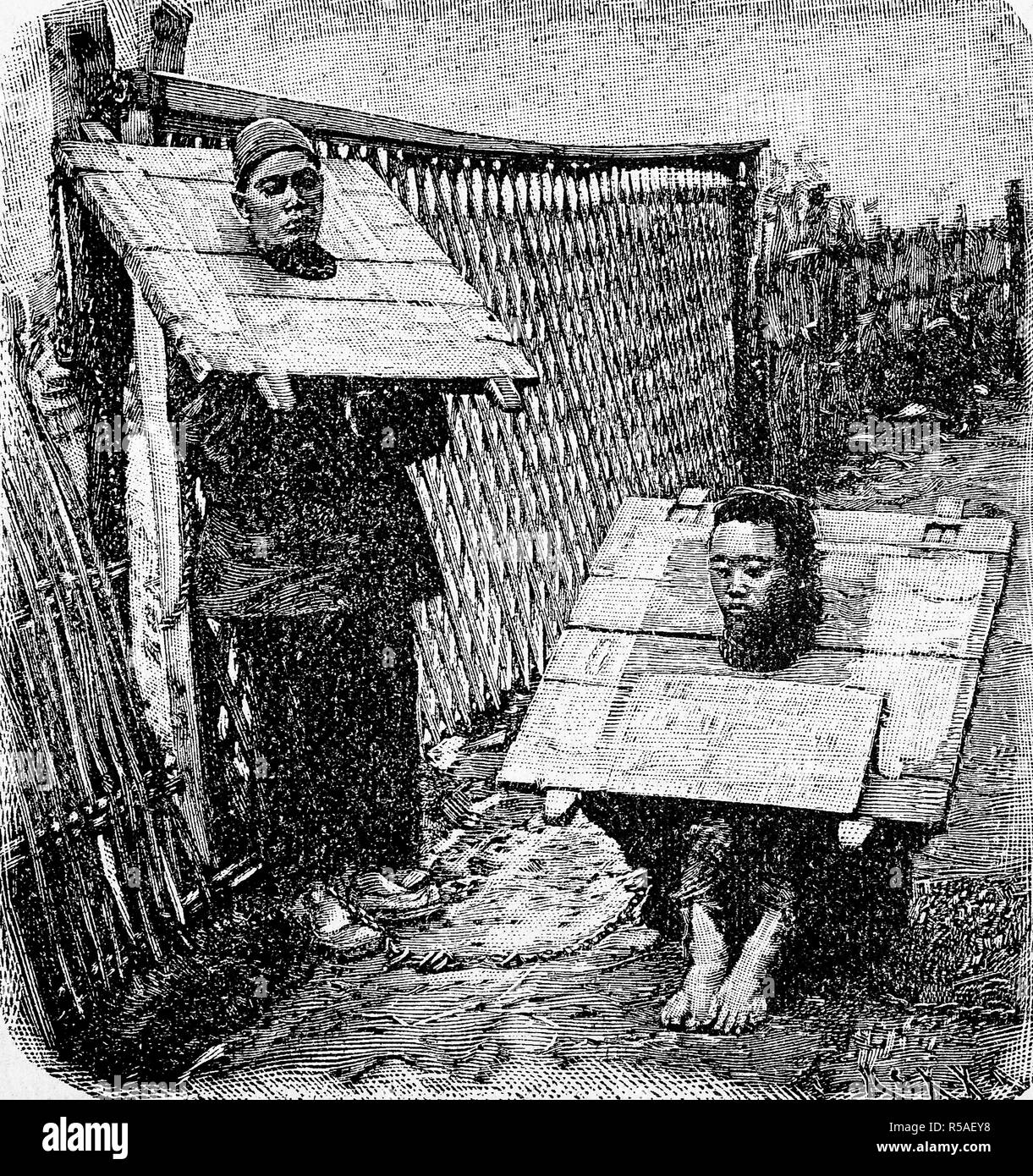 Punishment of criminals in China by a throatboard, 1870, woodcut, China Stock Photo