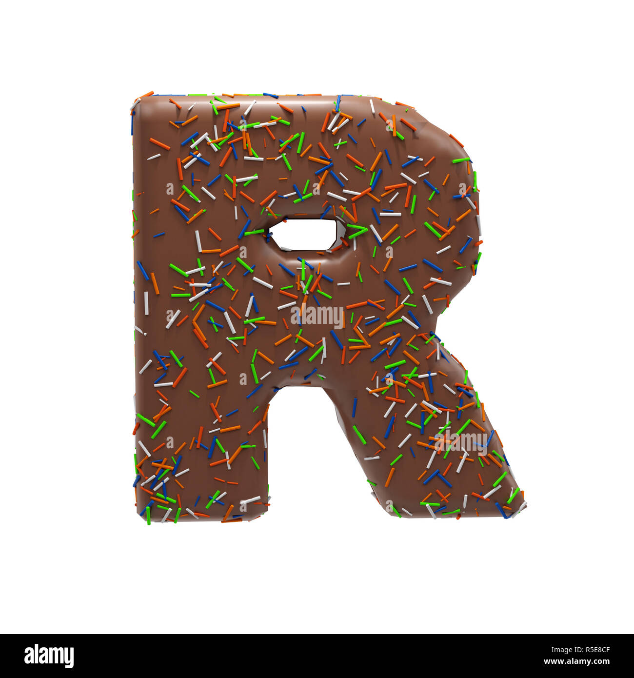 Chocolate Cake Donut Font with colorful sprinkles. Delicious Letter R. 3D Render Illustration. Stock Photo