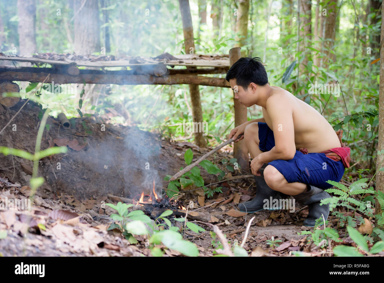 The peasants are burning fire. Stock Photo