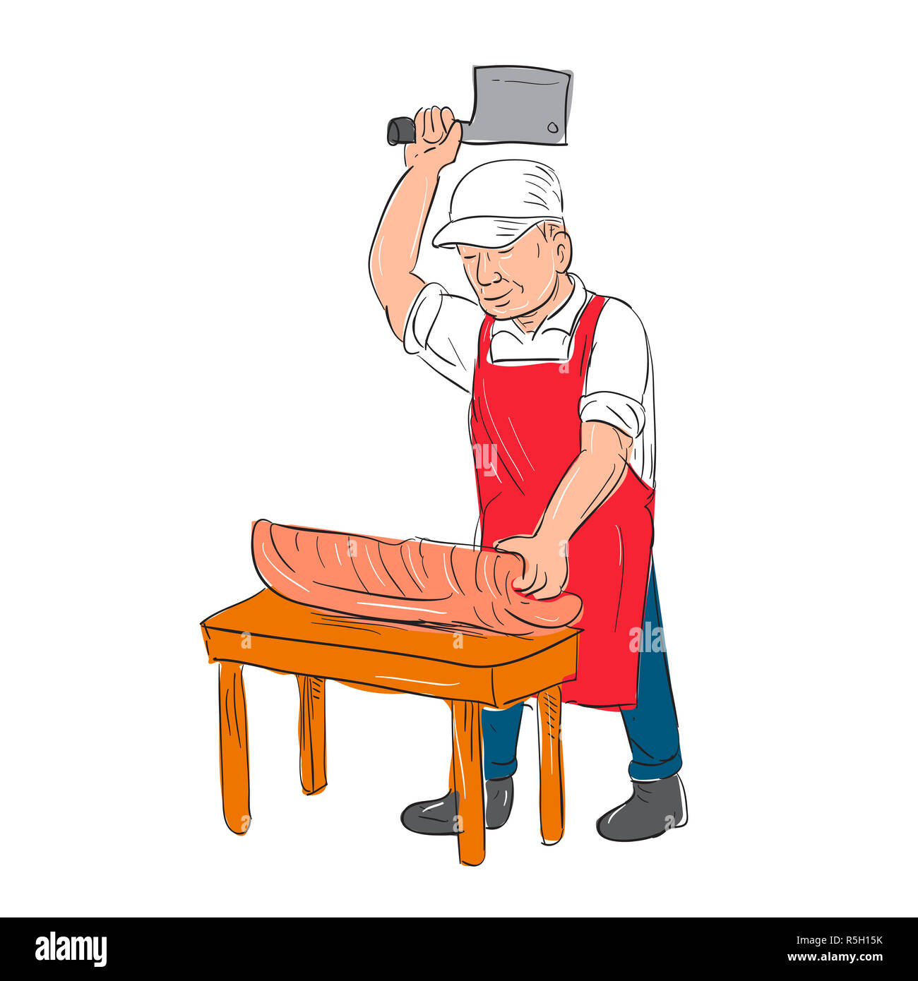 Butcher Cutting Meat Cartoon Stock Photo