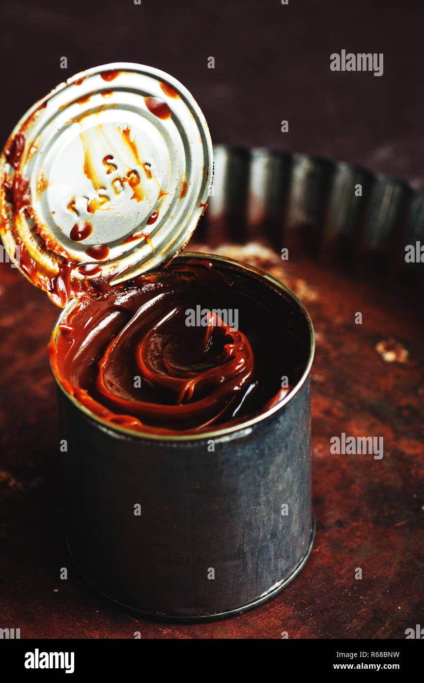 Close up of dulce de leche caramel in a can tin Stock Photo