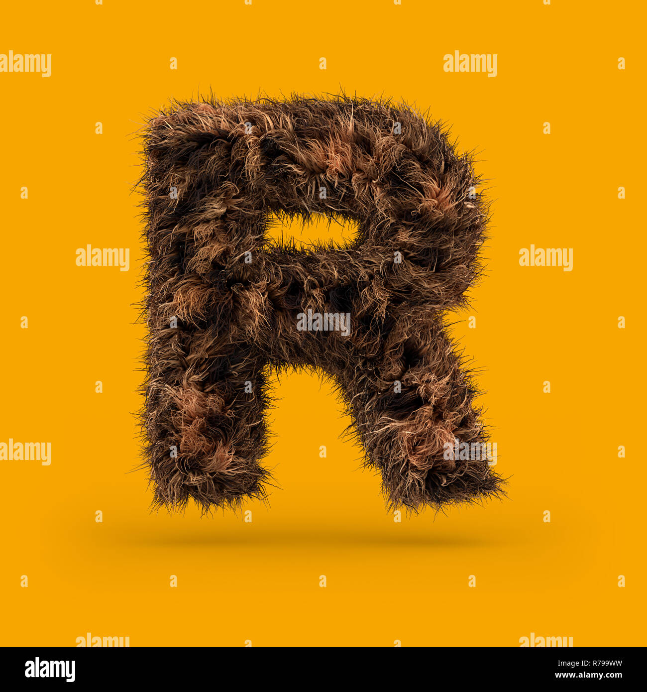 Uppercase fluffy and furry font made of fur texture for poster printing, branding, advertising. Letter R. 3D rendering Stock Photo