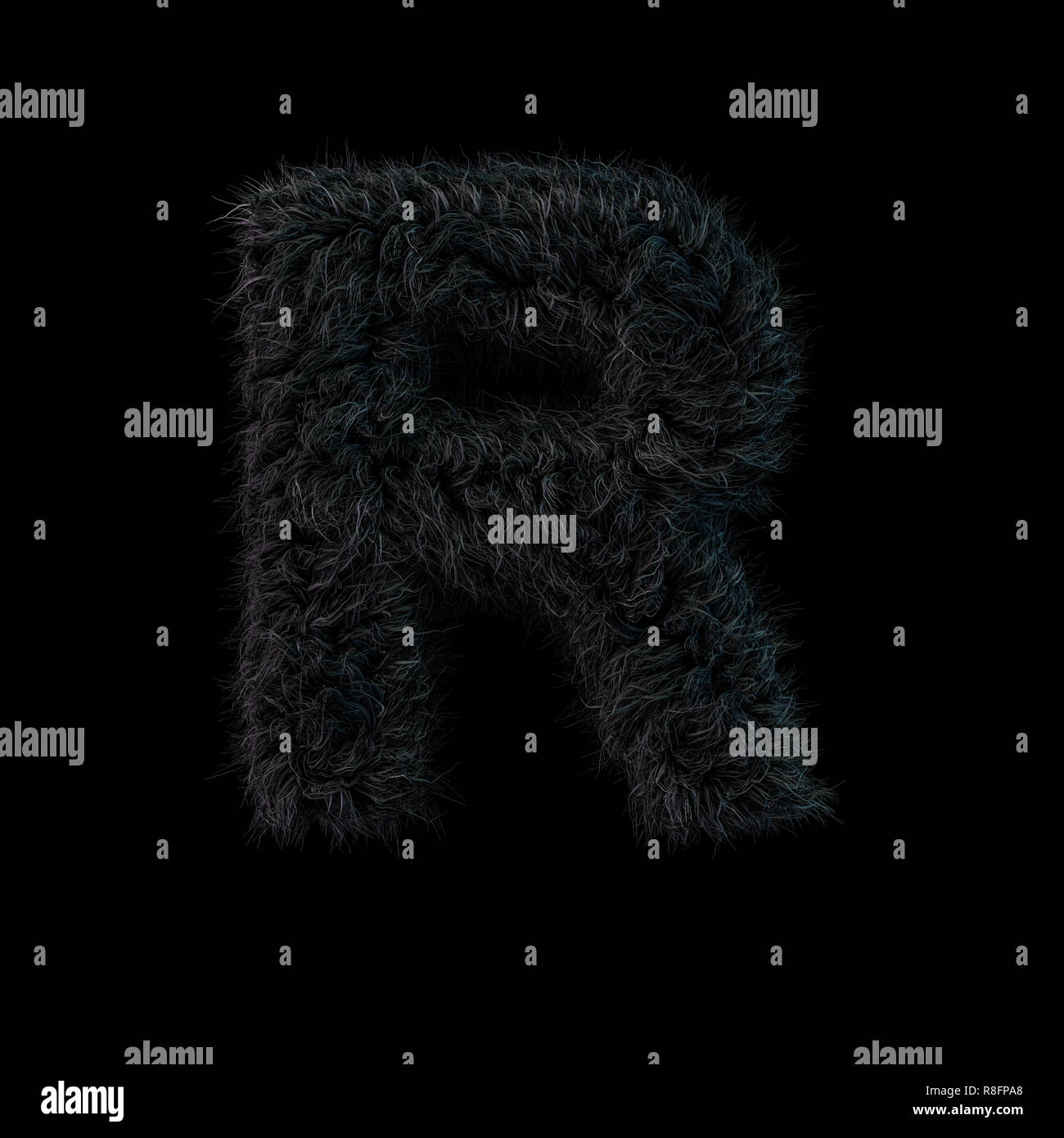 Uppercase fluffy and furry black font. Letter R. 3D rendering Stock Photo