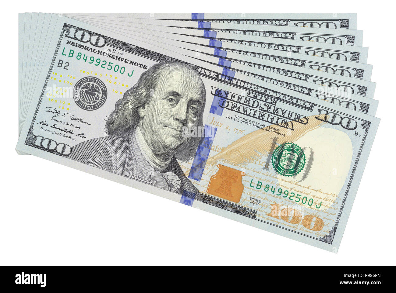 100 dollar bills on white background isolated. Business money concept template. Stock Photo