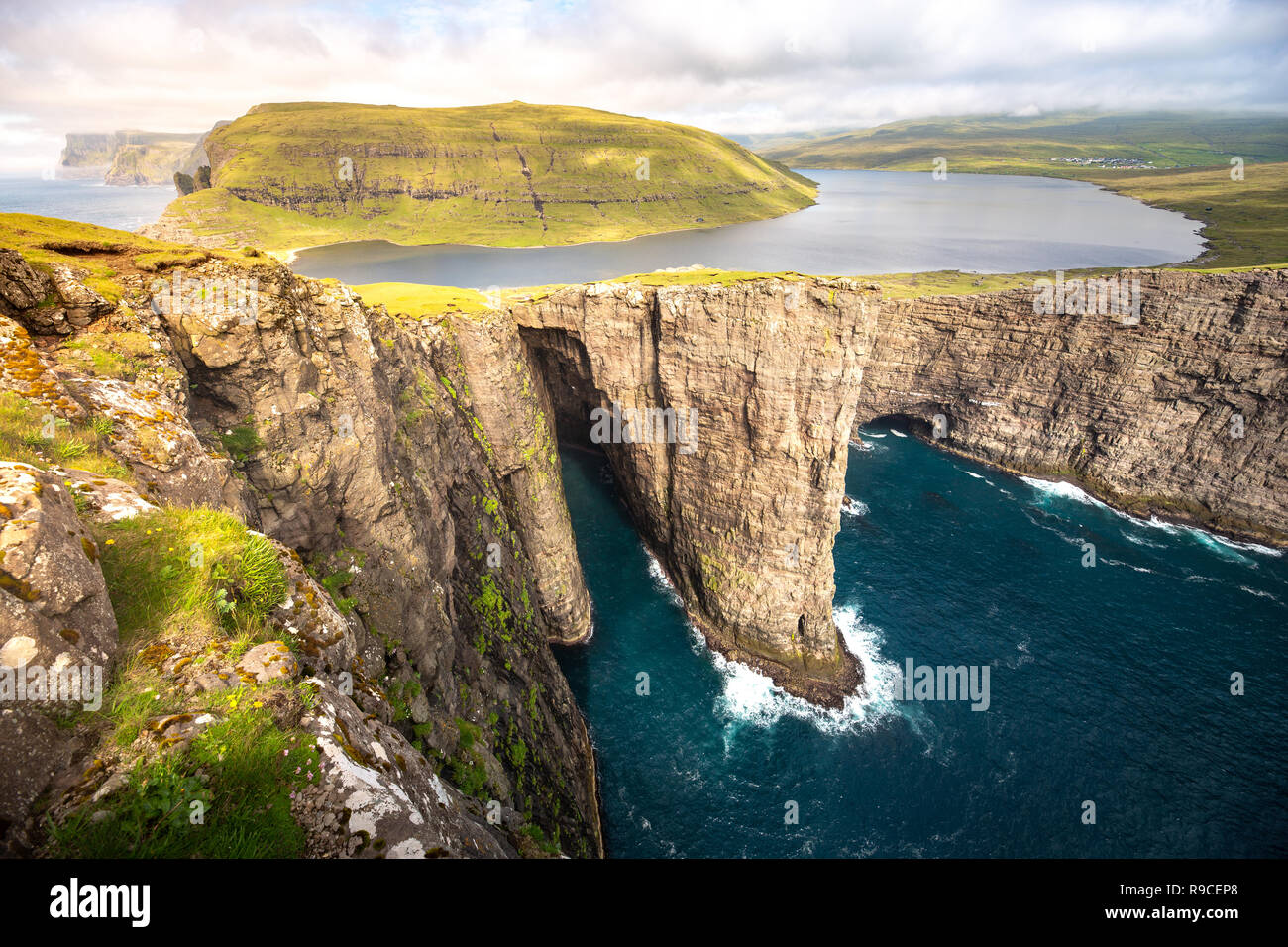 Lake above the Ocean at Faroe Islands, Europe. Sorvagsvatn Stock Photo