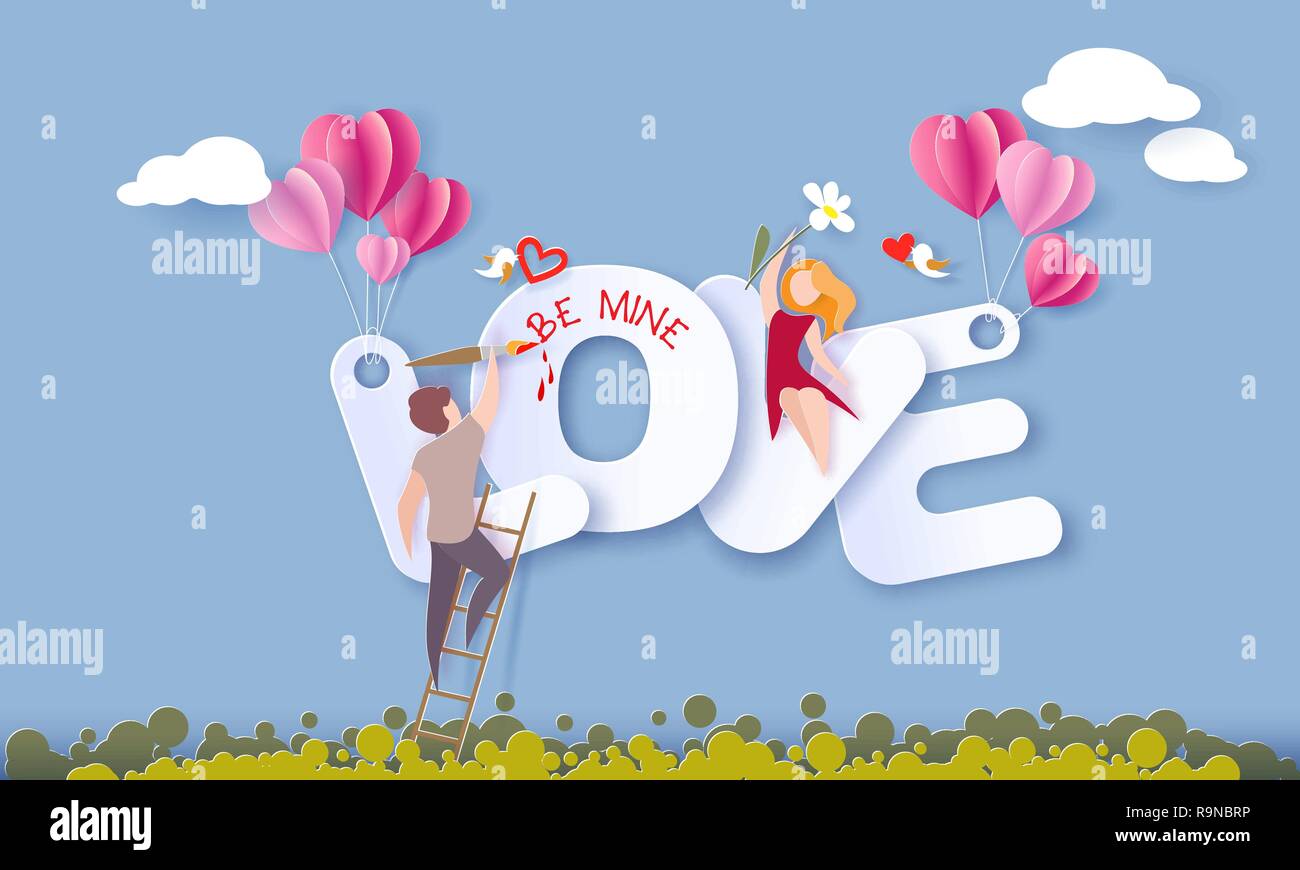 Valentines day card with couple sitting on big letters LOVE with air balloons and painting on blue sky background. Vector paper art illustration. Paper cut and craft style. Stock Vector