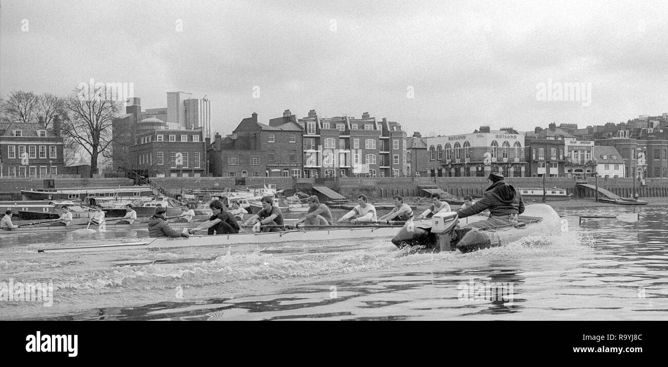 London. United Kingdom.  Mike SPRACKLEN, coaching from a 'Rib'1987 Pre Fixture, Varsity Boat Race. National Squad vs Cambridge University BC on the Championship Course Mortlake to Putney. River Thames.  Saturday 21.03.1987  [Mandatory Credit: Peter SPURRIER/Intersport images]  National Squad, Bow, Terry Dillon, John MAXEY, John GARRETT, Martin CROSS, Andy HOLMES, Steve REDGRAVE, Adam CLIFT, Richard STANHOPE and Cox, Pat SWEENEY Stock Photo