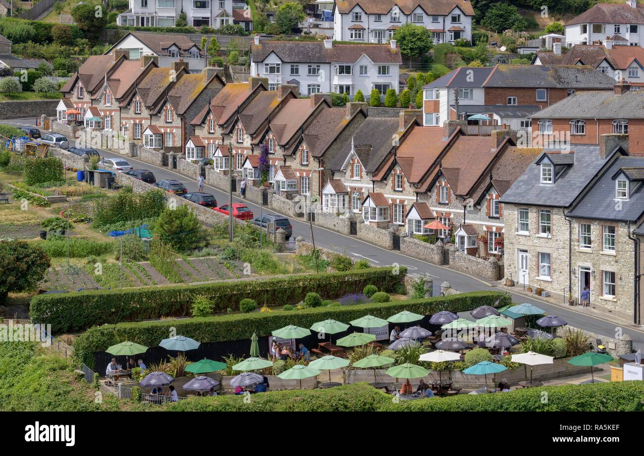 Beer garden and terraced houses, Beer, England, Great Britain Stock Photo