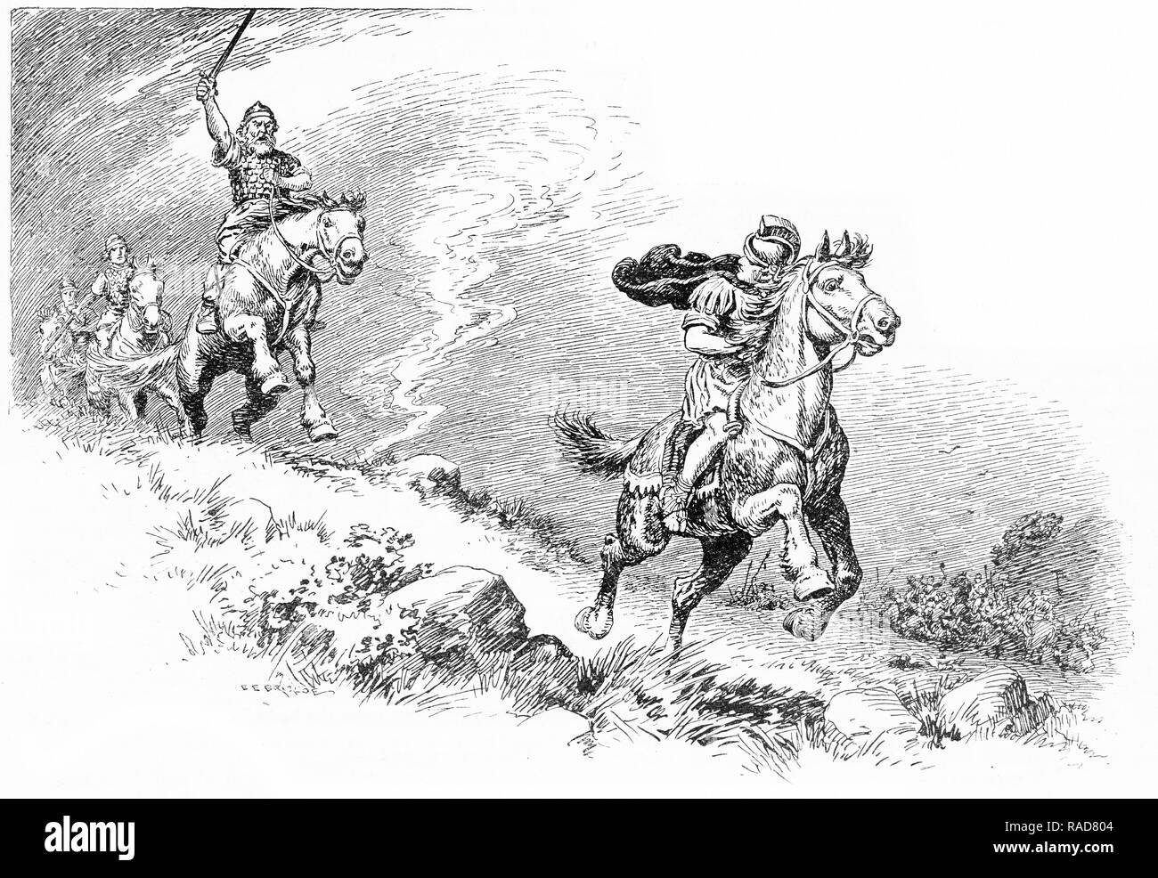 Engraving of a Roman officer fleeing before a Gothic warrior on horseback. From an original engraving in the Boys Own Annual 1925. Stock Photo