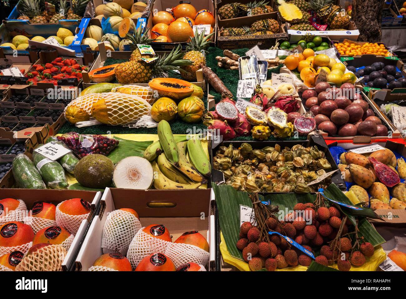 Sales stand, various fruit and vegetables, Stuttgart market hall, Stuttgart, Baden-Württemberg, Germany Stock Photo