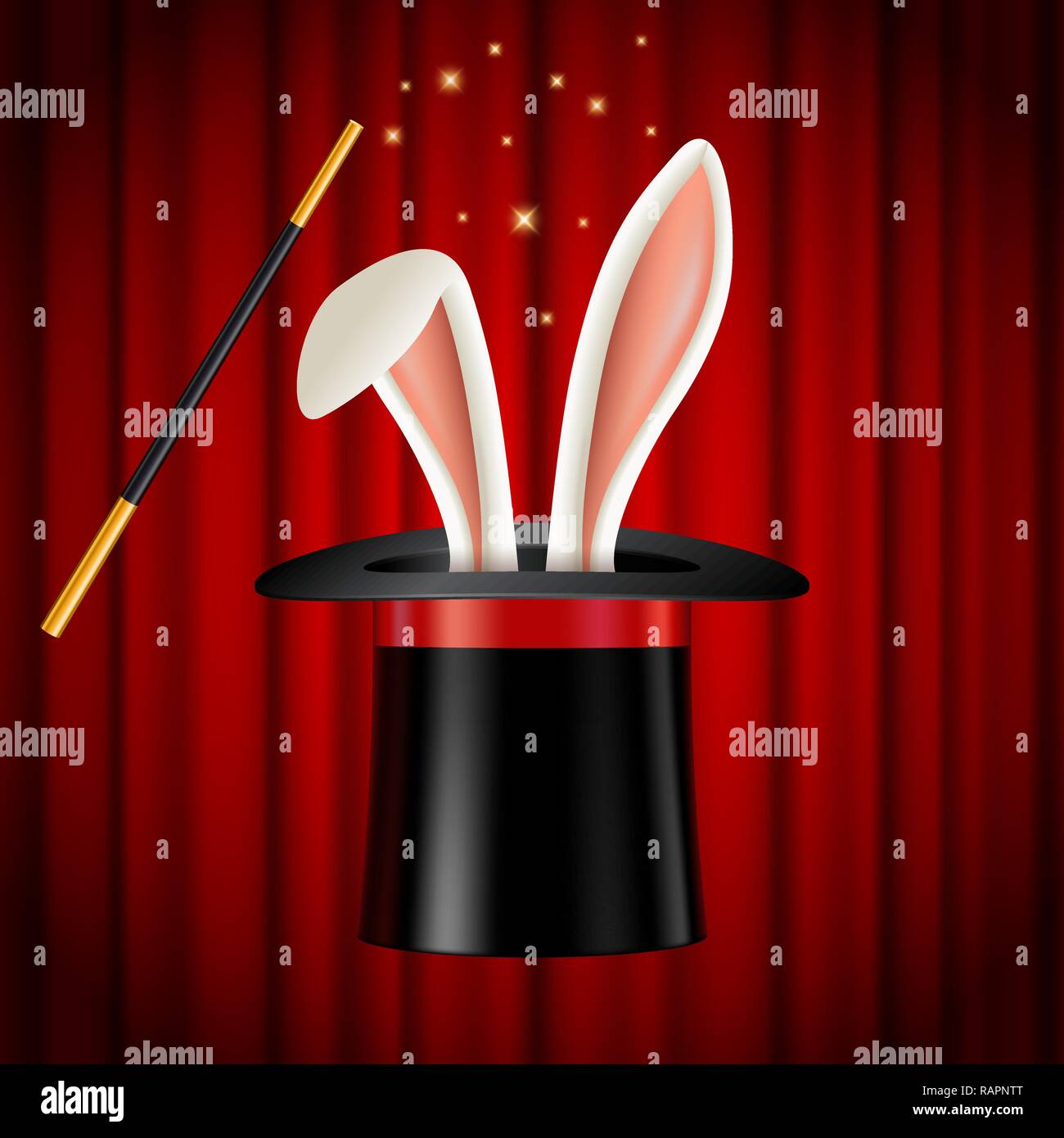 Rabbit ears appearing from magician hat, magic trick Stock Vector