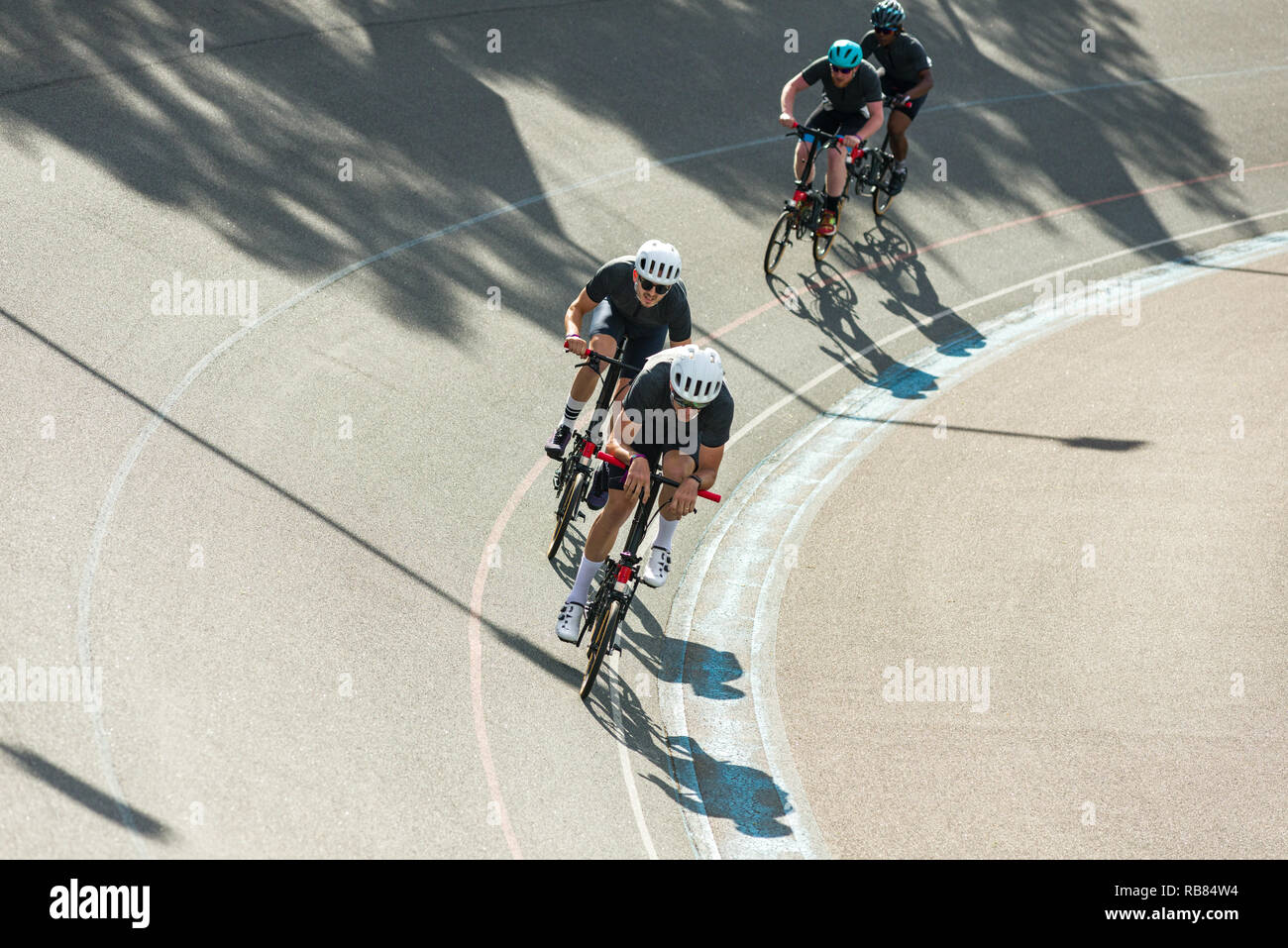 Competitors racing in the 2018 Brompton '48 Invitational bicycle race event at Herne Hill Velodrome, London, UK Stock Photo