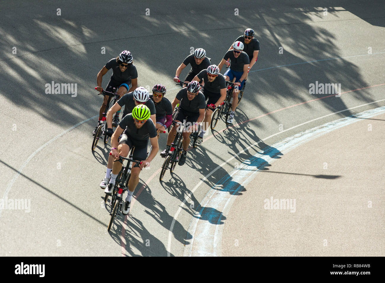 Competitors racing in the 2018 Brompton '48 Invitational bicycle race event at Herne Hill Velodrome, London, UK Stock Photo