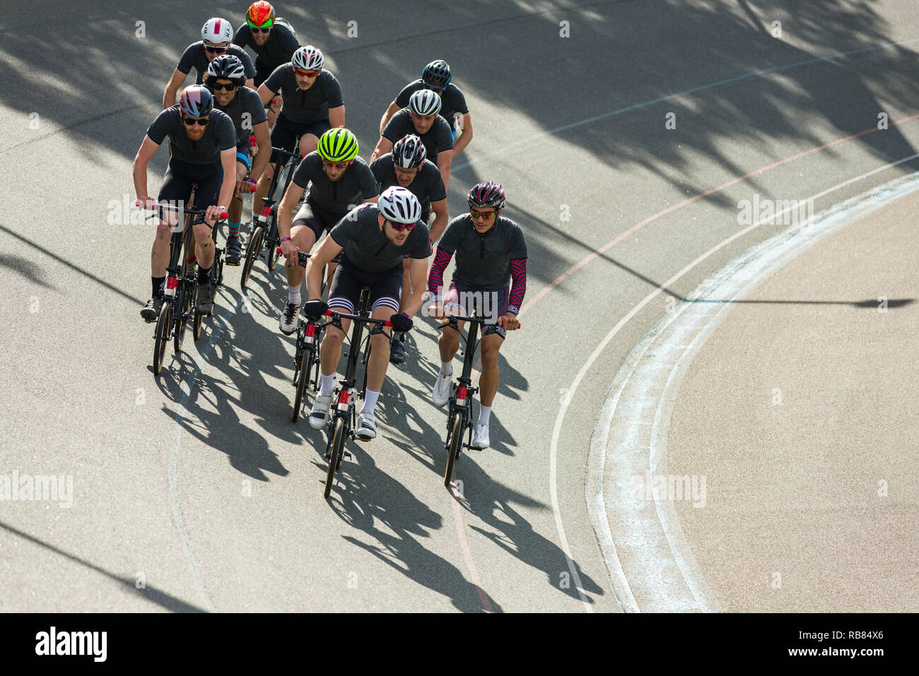 Competitors racing in the 2018 Brompton '48 Invitational bicycle race event at Herne Hill Velodrome, London, UK Stock Photo