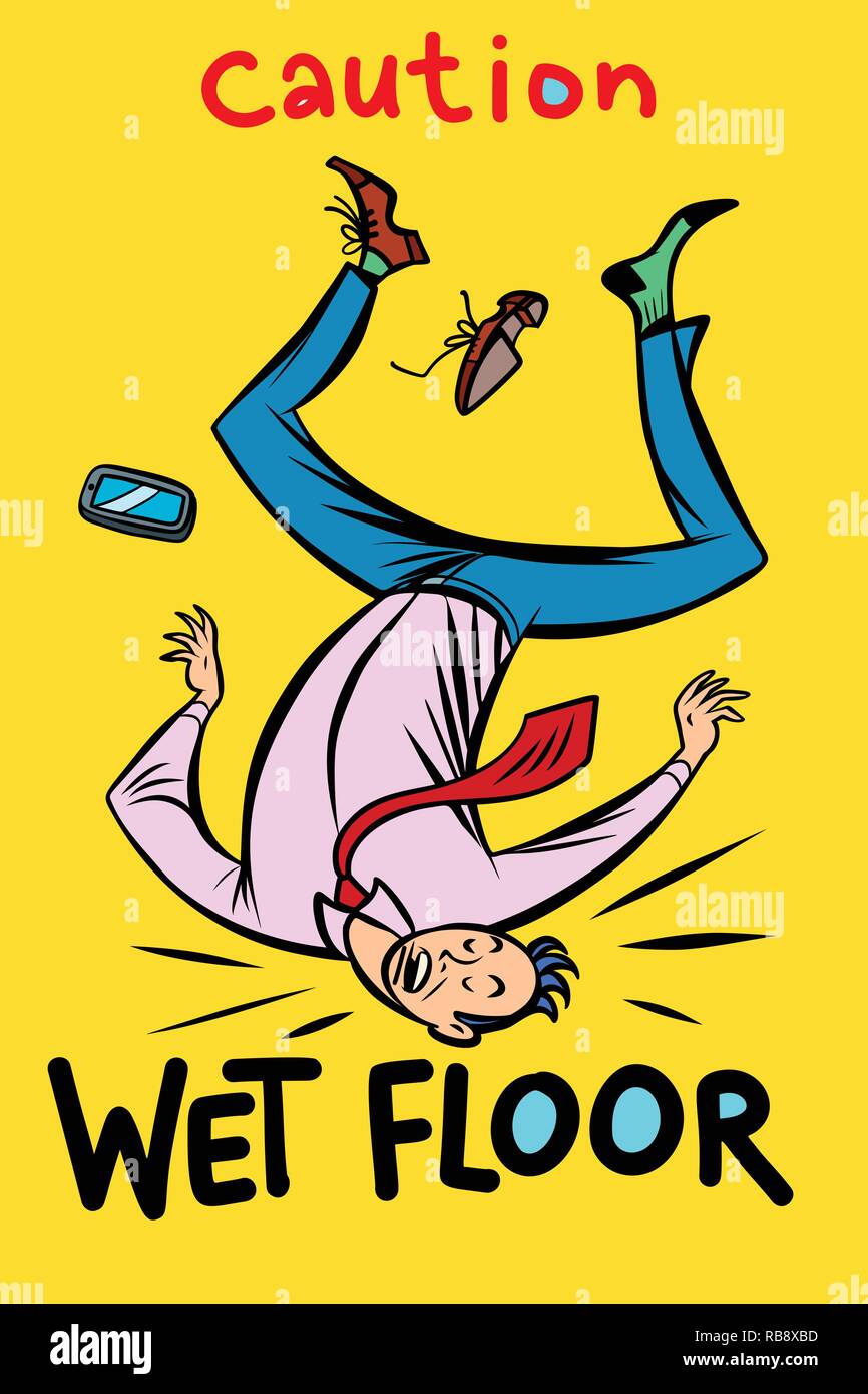 caution wet floor. Comic cartoon pop art retro vector illustration drawing Stock Vector