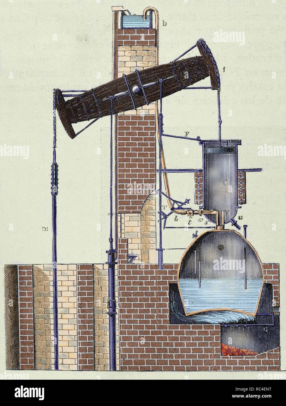 Newcomen steam engine invented by Thomas Newcomen in 1712. It consisted of a pump designed to reduce water steam in the galleries of mines. Engraving. Stock Photo